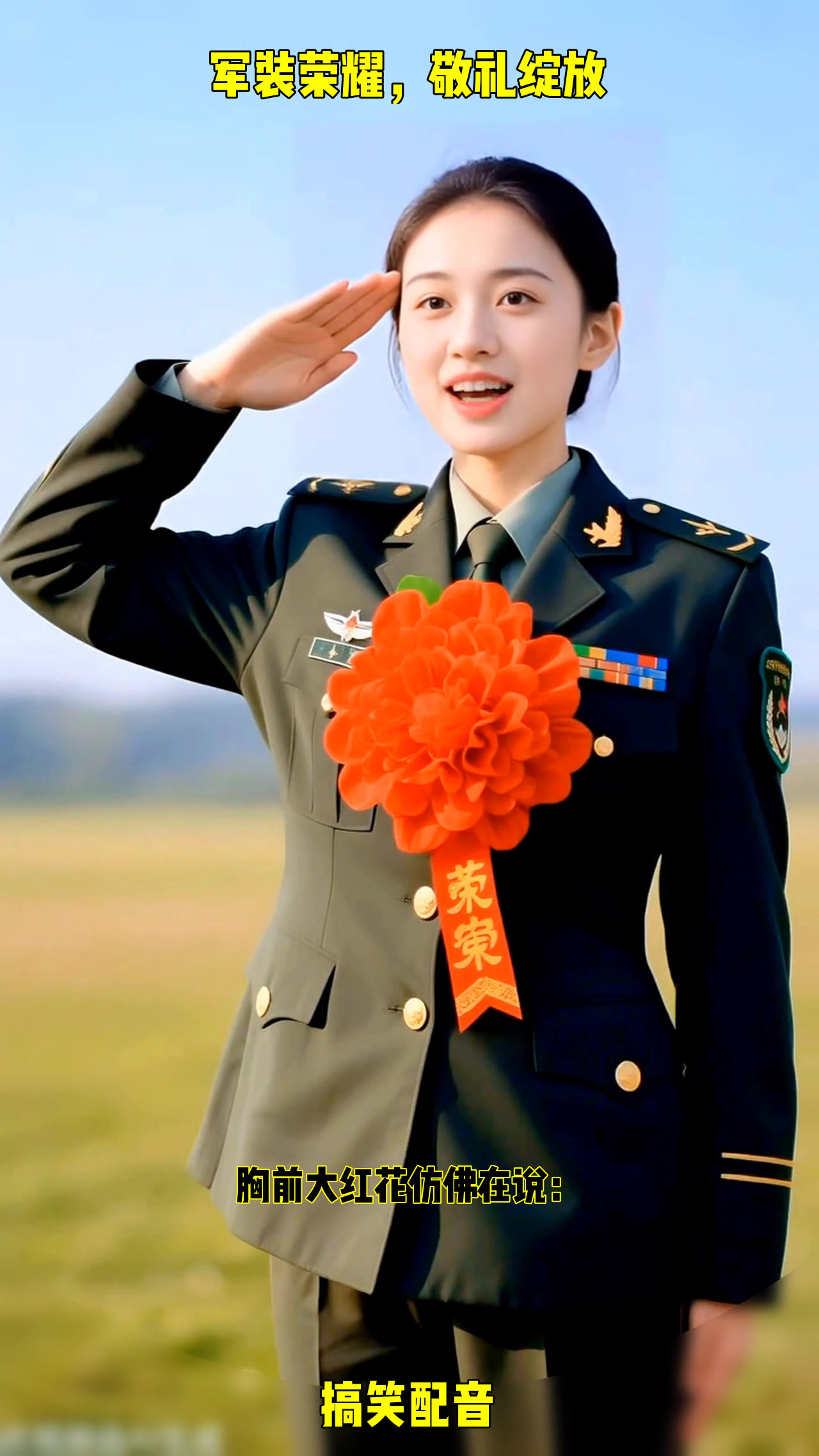 敬礼英姿展风采,军装绿影映朝霞,红花荣耀耀心田