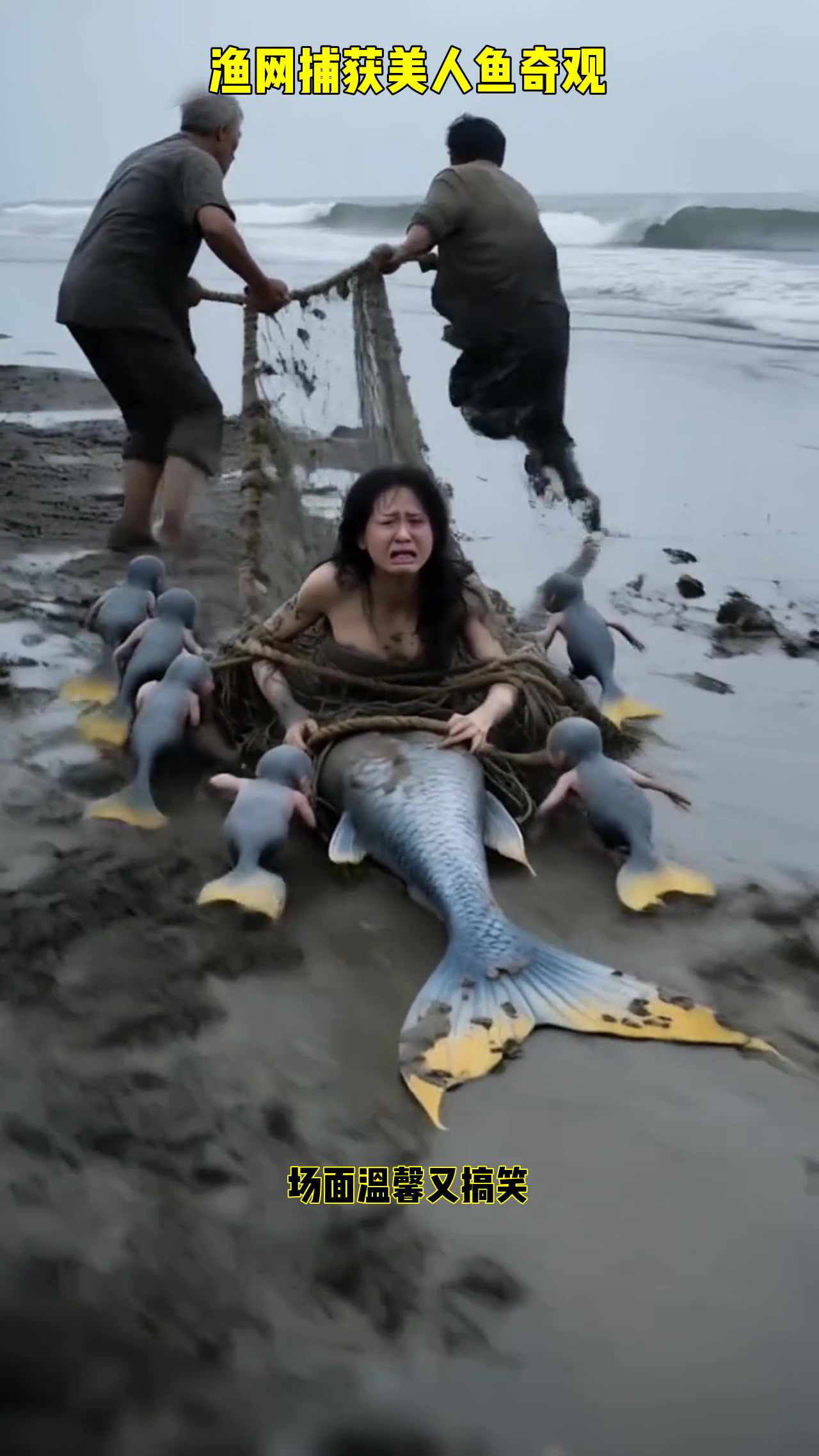 渔民意外捕获美人鱼,小鱼人围护,场面震撼