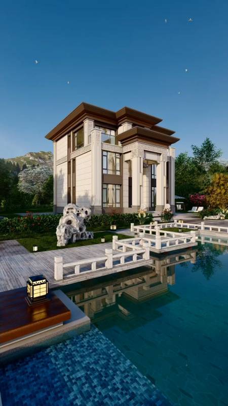 开间11米3,进深12米6,占地130平,这款新中式三层别墅设计图纸就不错