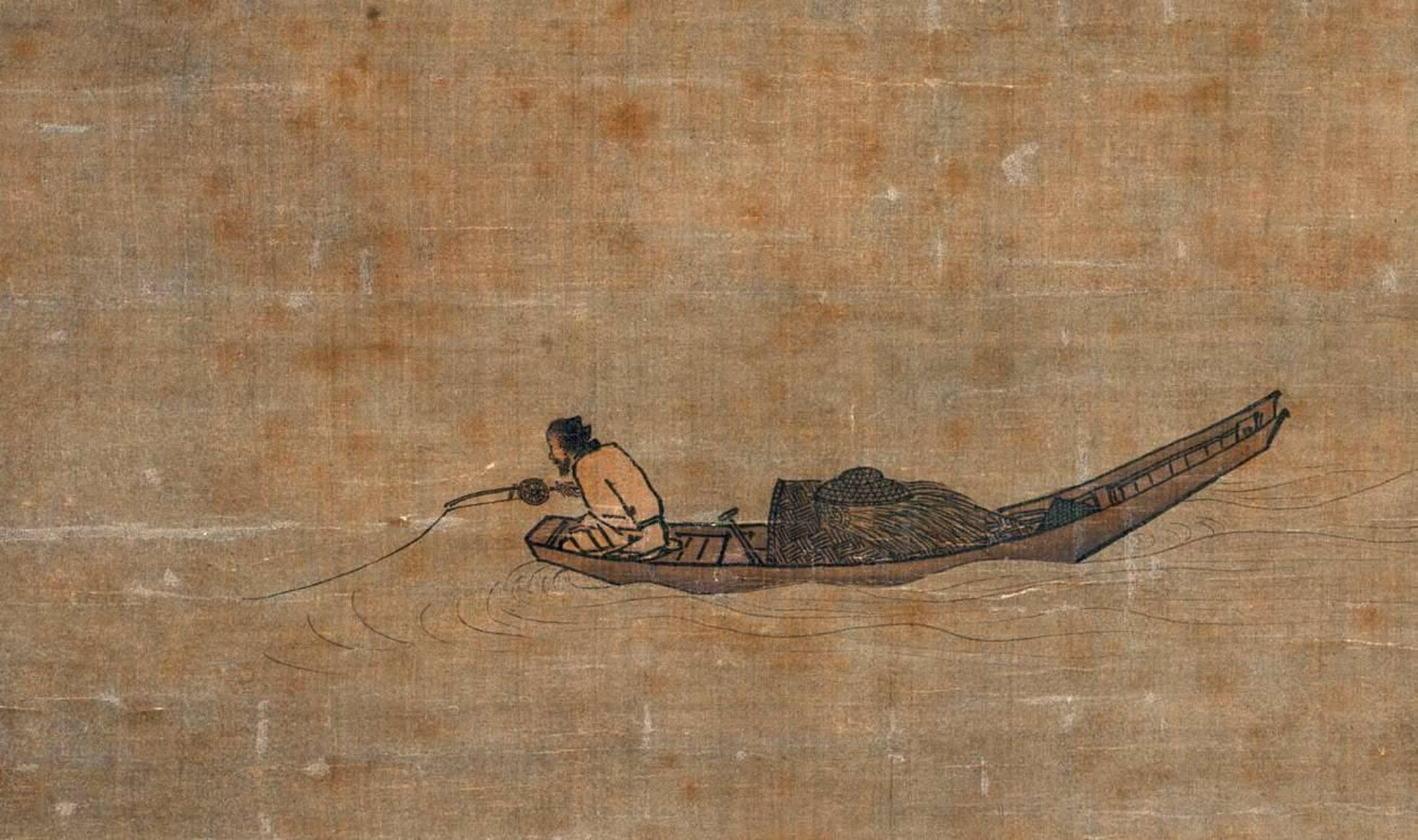 传统文化# #国画#  《寒江独钓图》立轴,绢本设色,纵26.7厘米,横50.