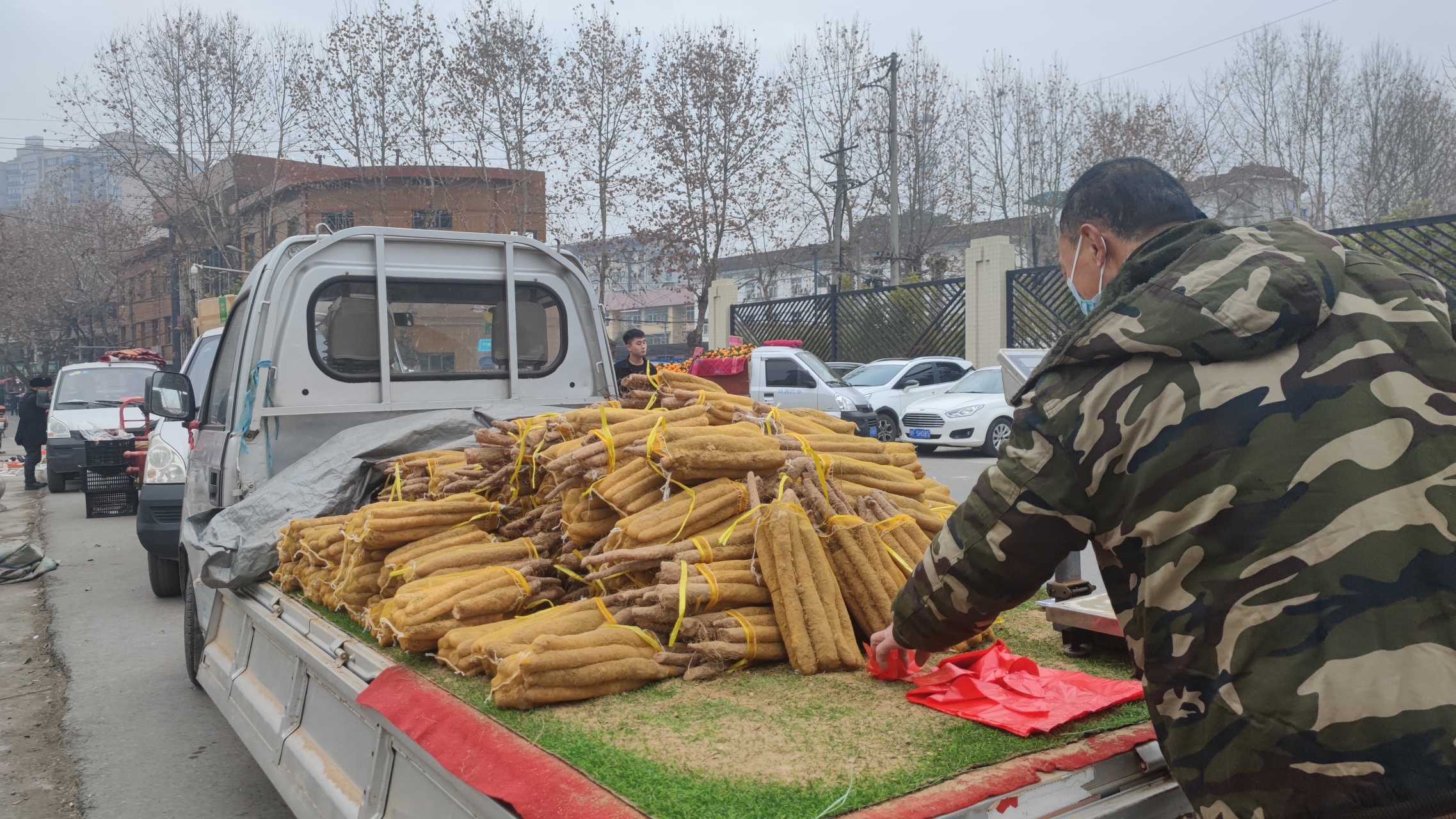 今早在南郑区周家坪南湖路农贸市场街边,看见一中年男子拉了一车山药