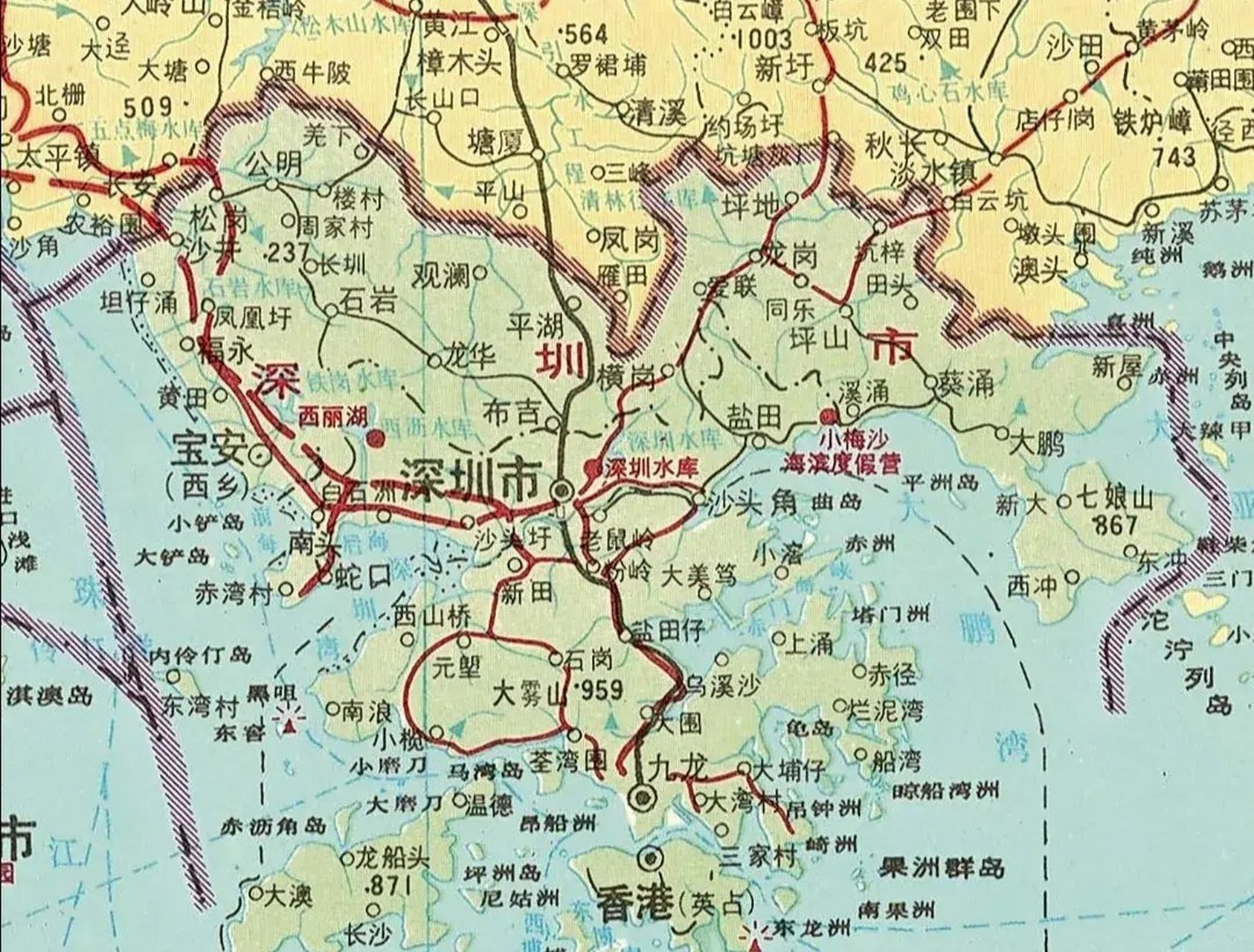 潮级玩家# 1984年广东省深圳市地图,东,北与惠州交界,西与广州,佛山
