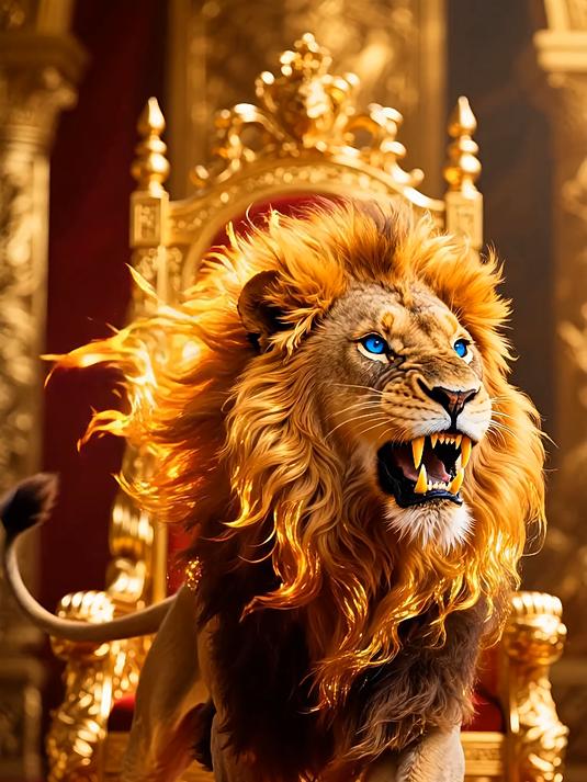 金狮子舞动舞王座,金鬃飞扬显威严,霸气舞步在金色宫殿中称雄