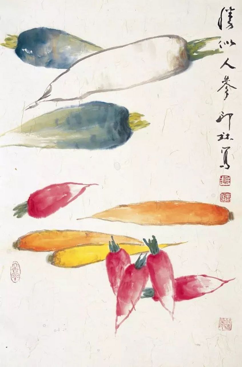 国画萝卜的寓意:萝卜方言叫"菜头",谐音"彩头",祝愿有好彩头