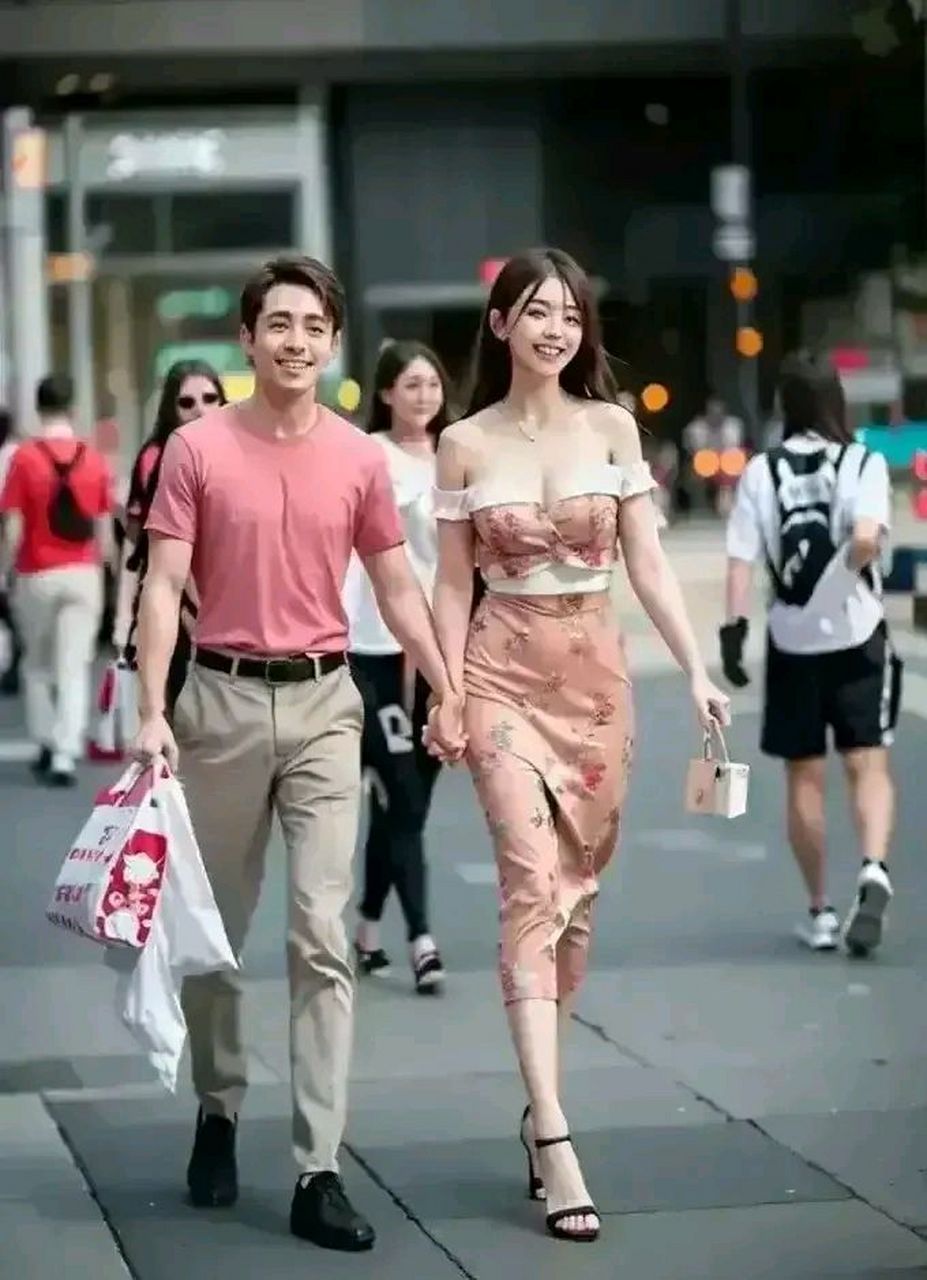 太古里街拍上演模仿秀,各式各样的粉色花裙子,"领导"也是有老有少.