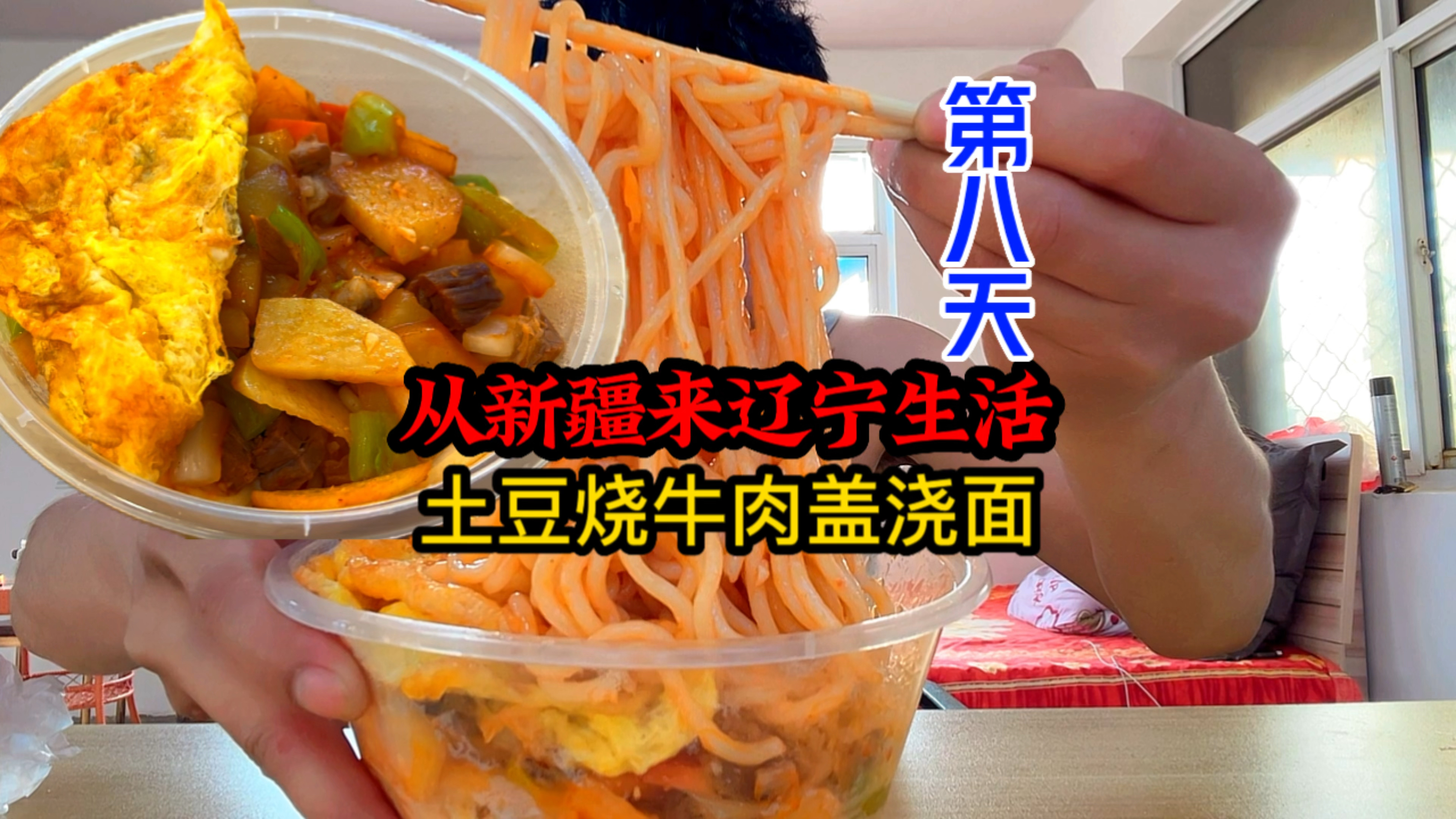 从新疆来辽宁生活第八天,点一份土豆烧牛肉盖浇面,尝一尝味道!