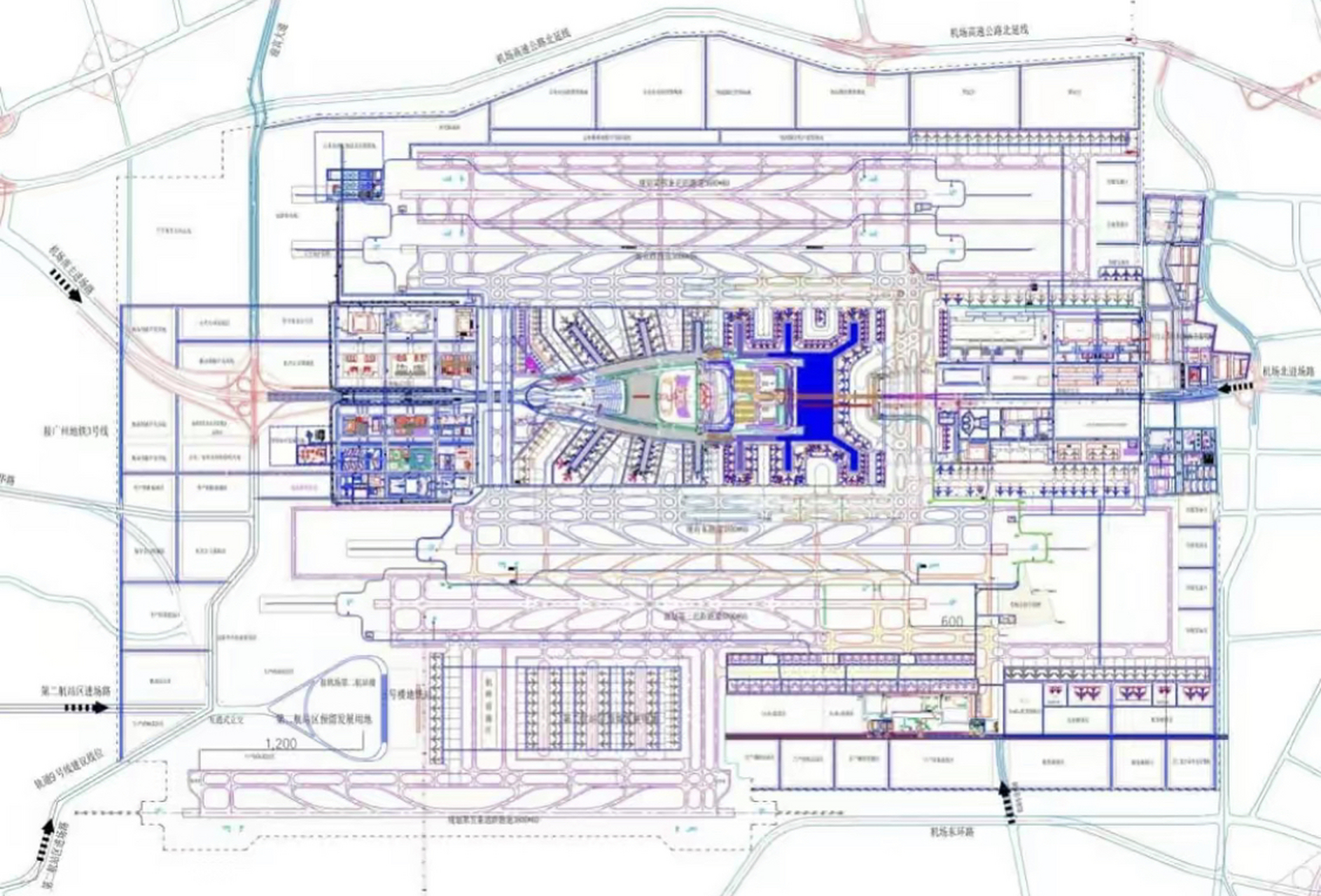 白云机场西边有大广高速,东边有流溪河.