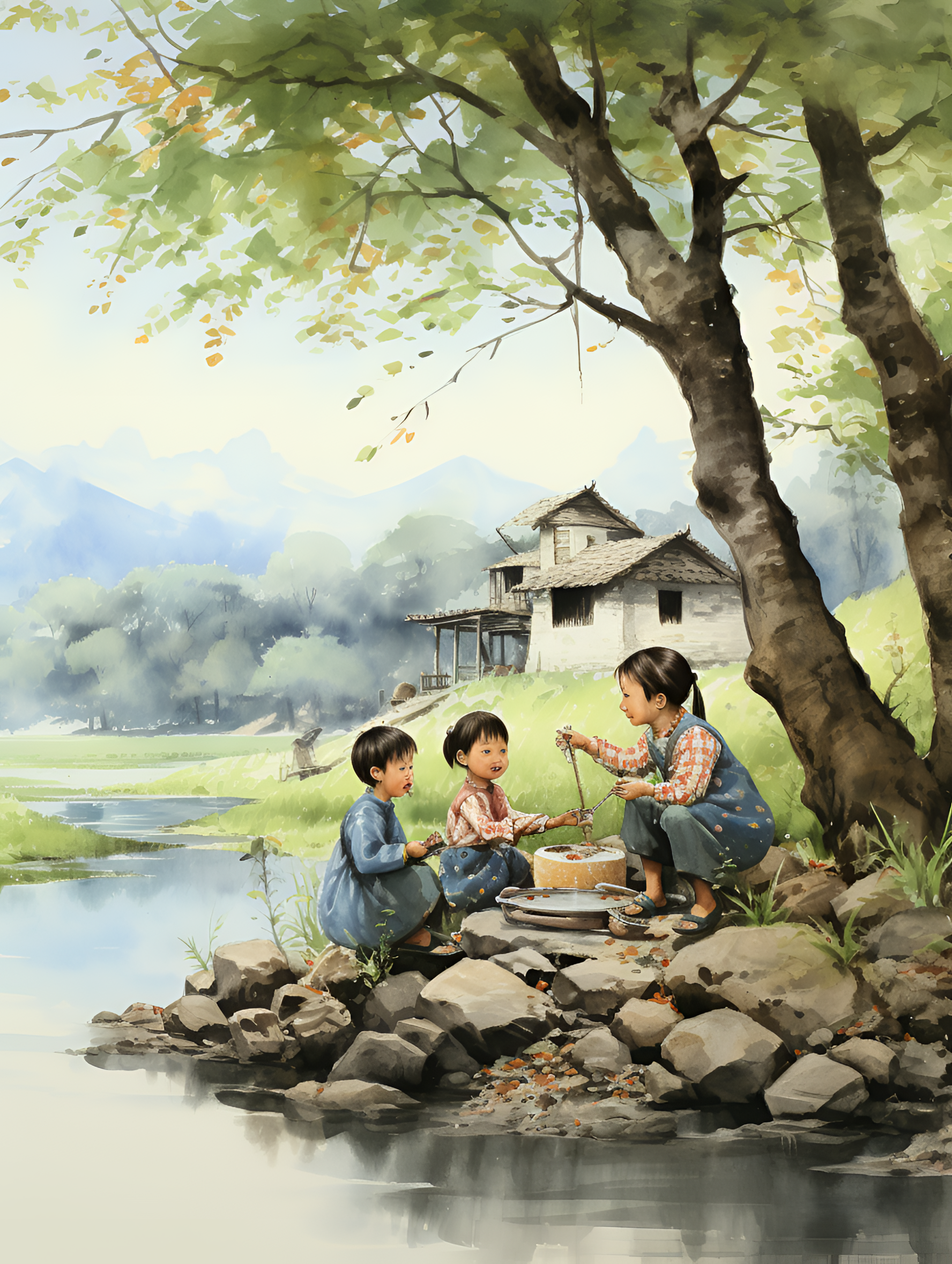 ai绘画:童年记忆中的插画,小孩子们聚在一起,无忧无虑地玩耍