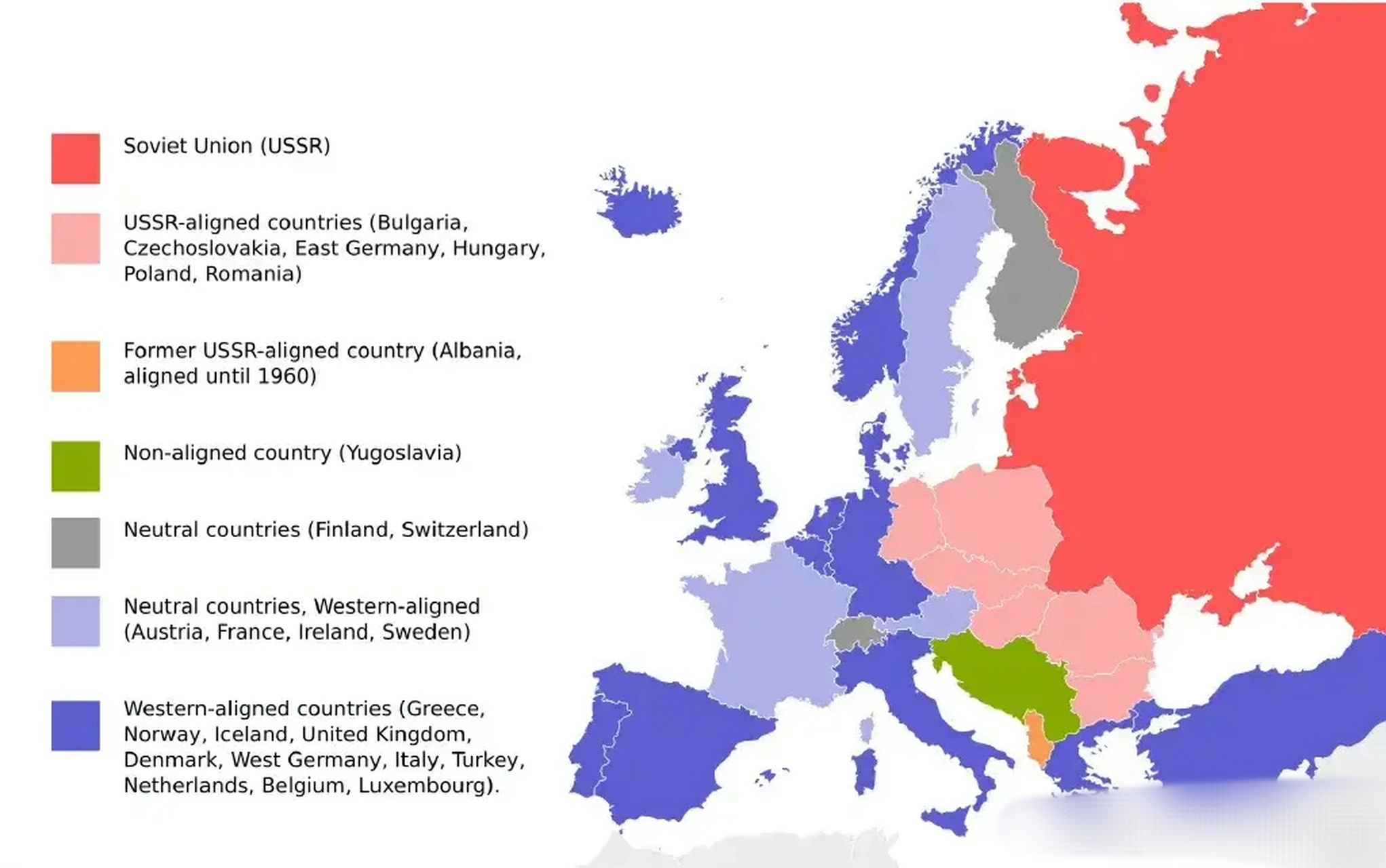 冷战时期的欧洲国家派系地图: 下图显示了冷战期间欧洲