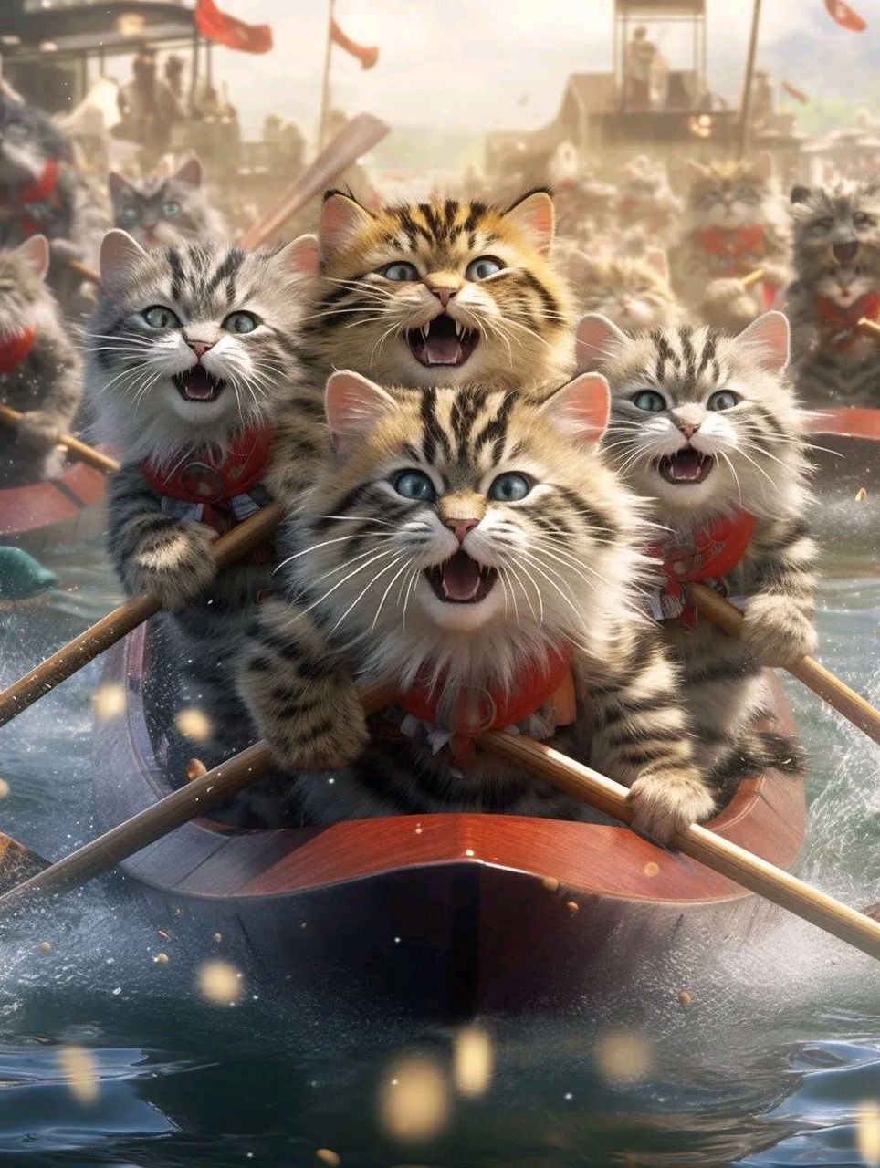 猫咪龙舟大赛第二轮,猜猜哪一队会赢?