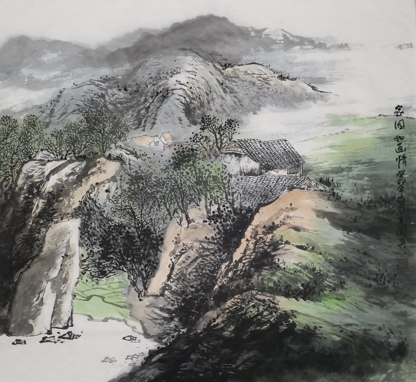 王关兵先生的中国山水画《家园如画情》小品,将国画技法运用得淋漓