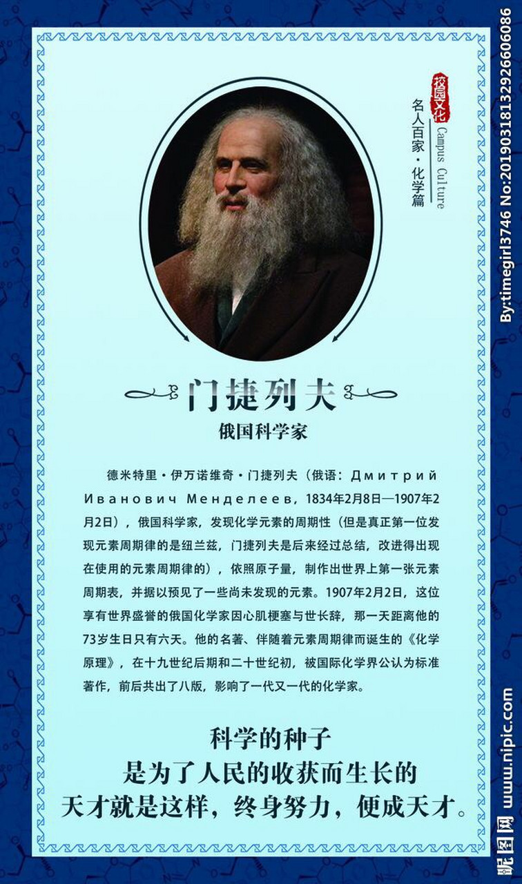 俄国杰出的化学家门捷列夫,一生从事化学研究,勤奋不息,硕果累累.