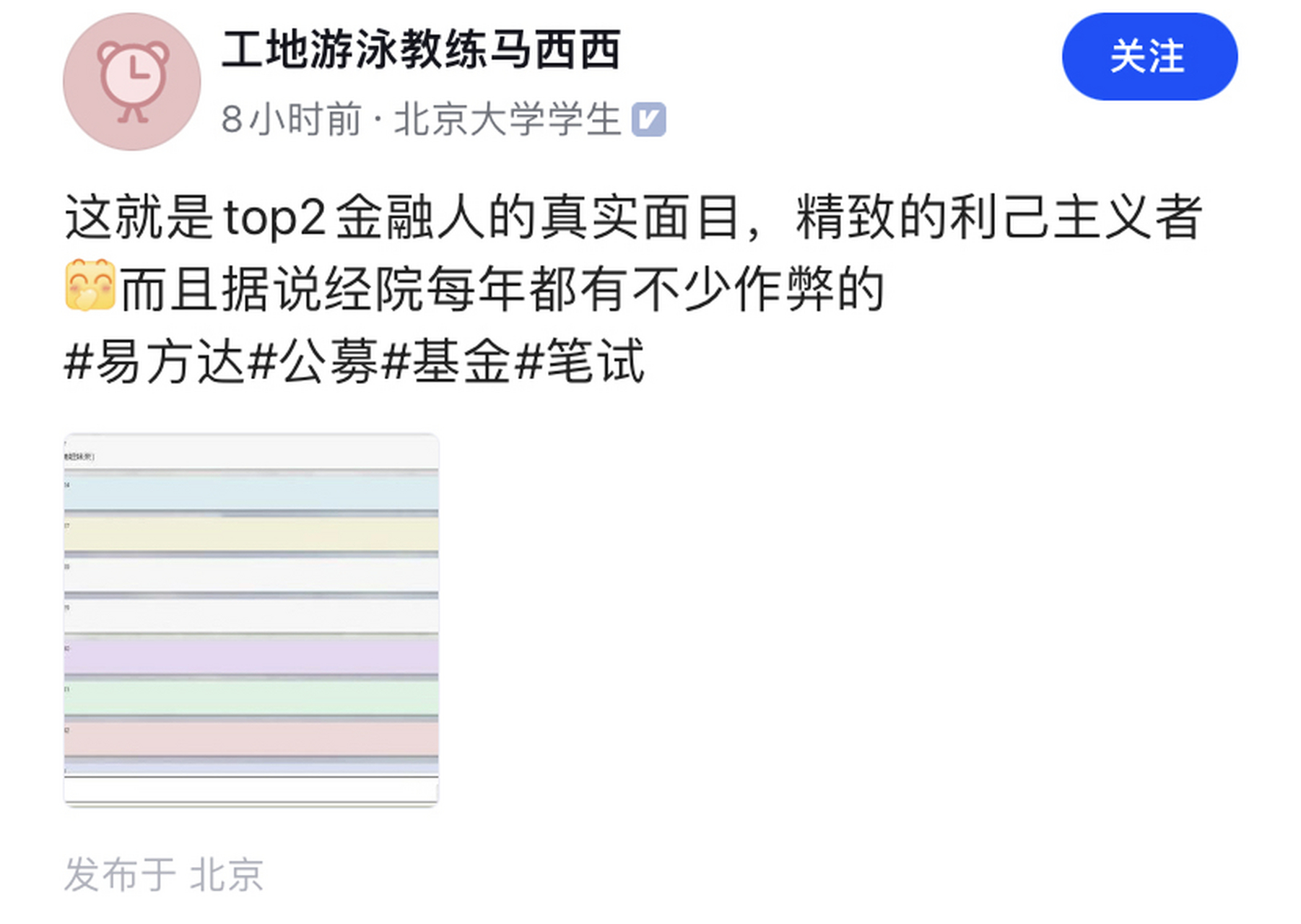 某北大学子曝光其学校内部的树洞信息截图,在某基金公司的笔试过程中