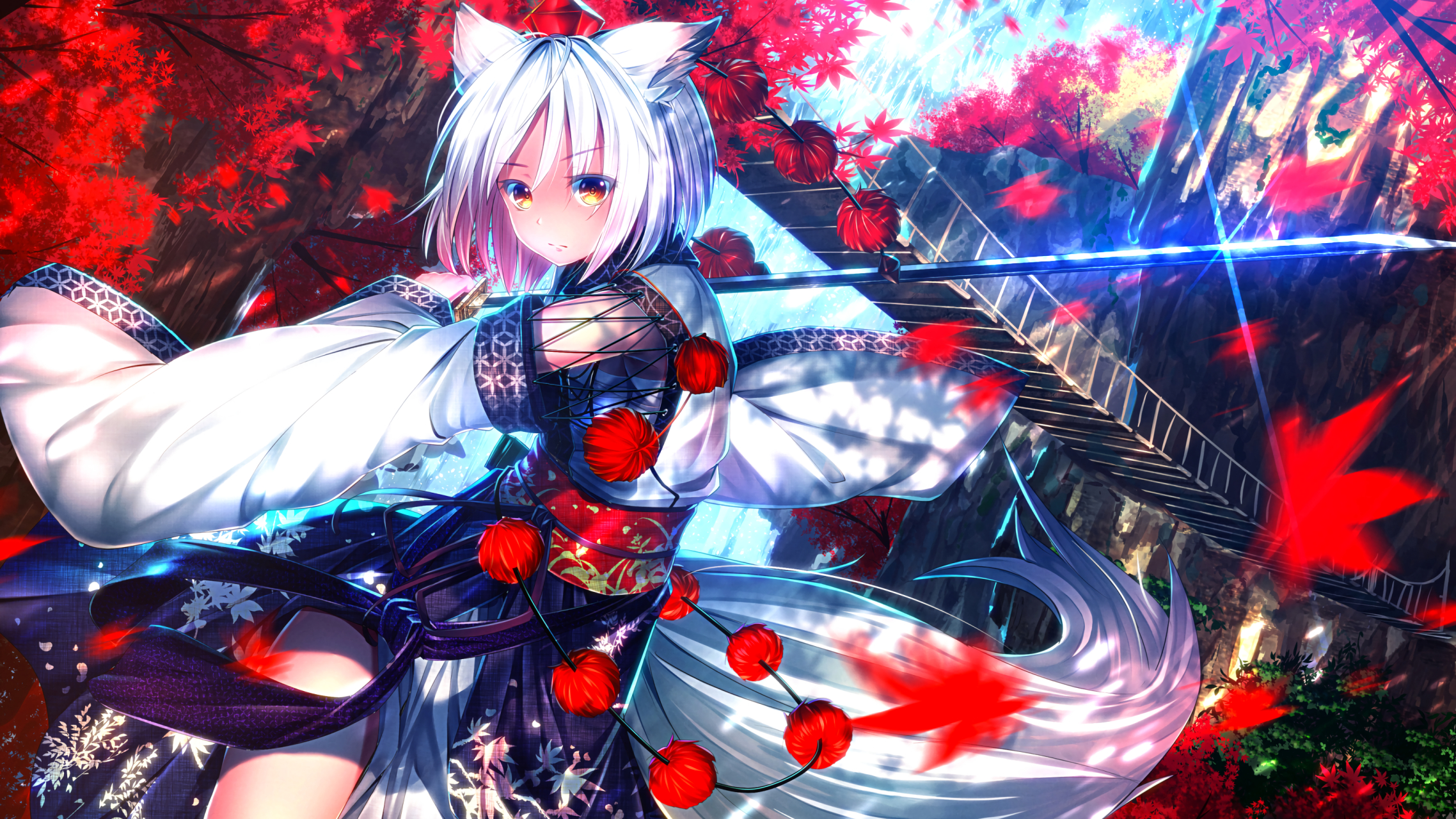 白毛狐狸武士刀#二次元美图# #动漫美图