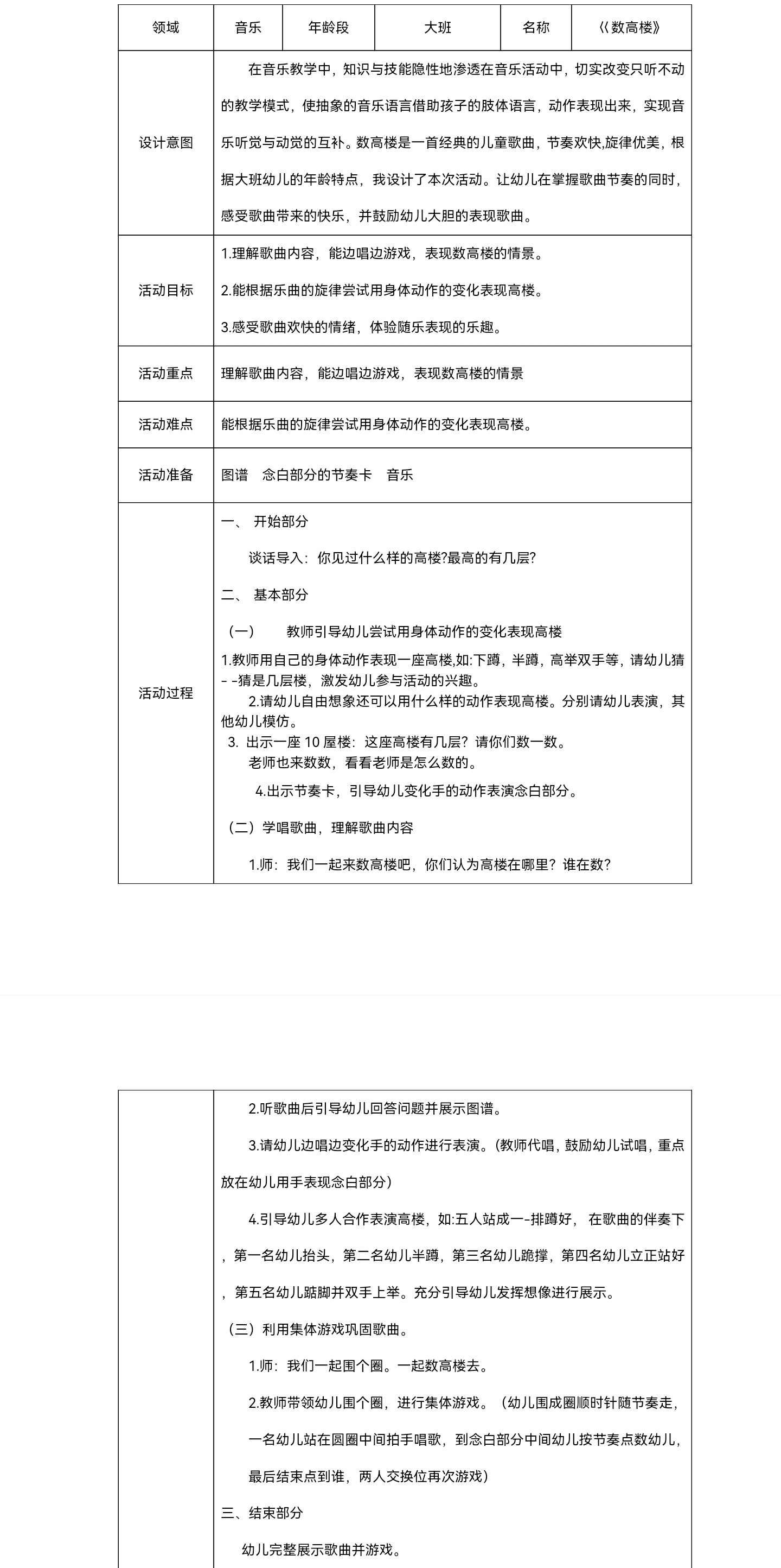 大班音樂教案《數高樓》