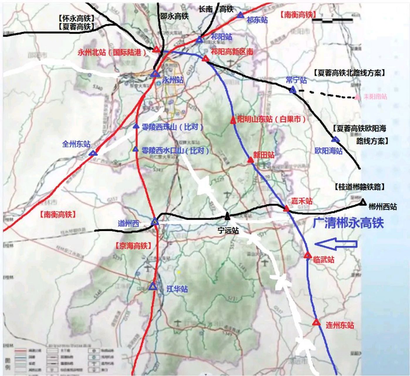 永州高铁总规划(完整定稿版) 永州北部进行x字形高铁枢纽设置:冷2 祁2