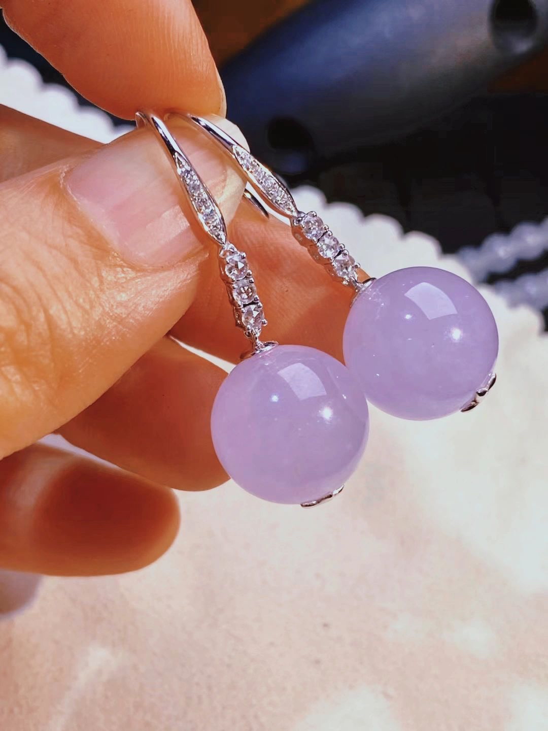 冰种翡翠紫罗兰珠子耳环,直径138,上耳效果漂亮