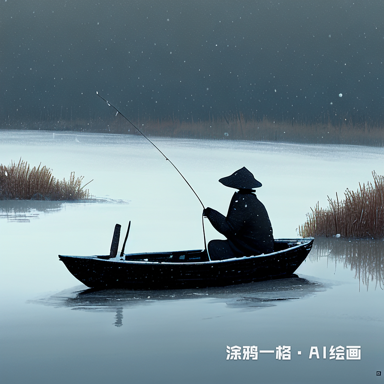 谁说ai不懂中国古诗的浪漫  #百度ai绘图黑科技#  孤舟蓑笠翁 独钓