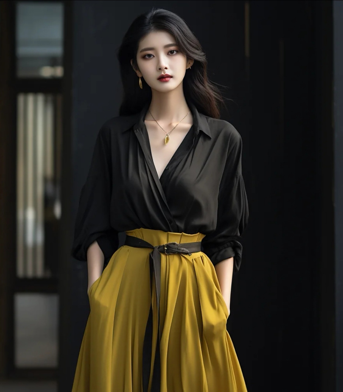 黑色衬衫搭配黄色半身裙,职场高级感穿搭
