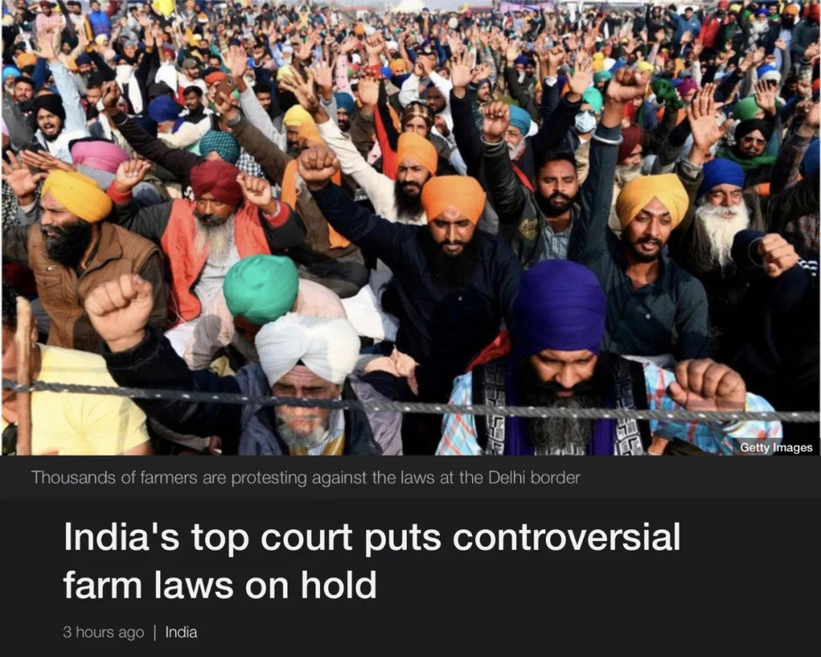 印度最高法院暂缓了三项引起争议的农业法 bbc 01月12日头条新闻
