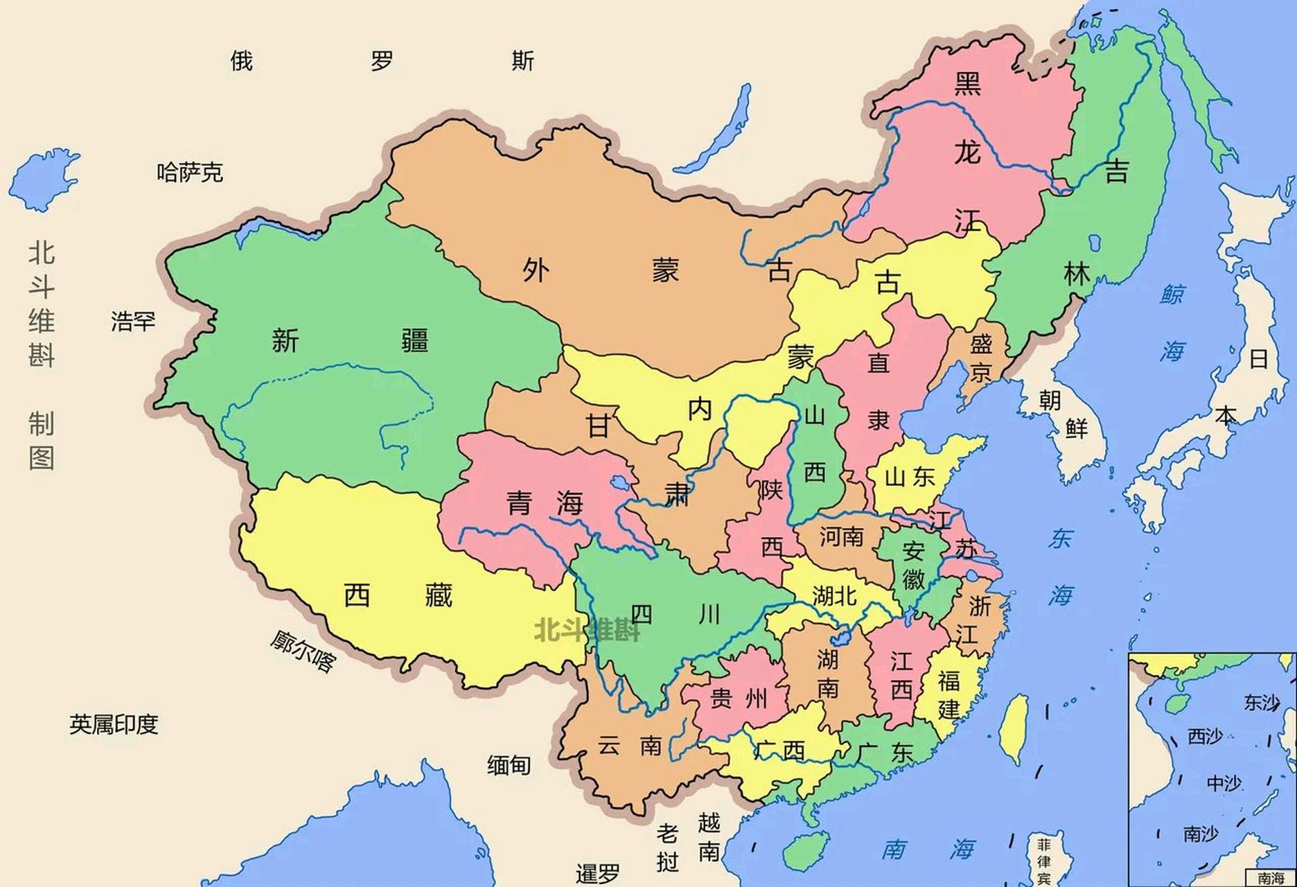 清朝分省地图 省份划分和现在基本相同.主要区别 外蒙古是一个辖区.