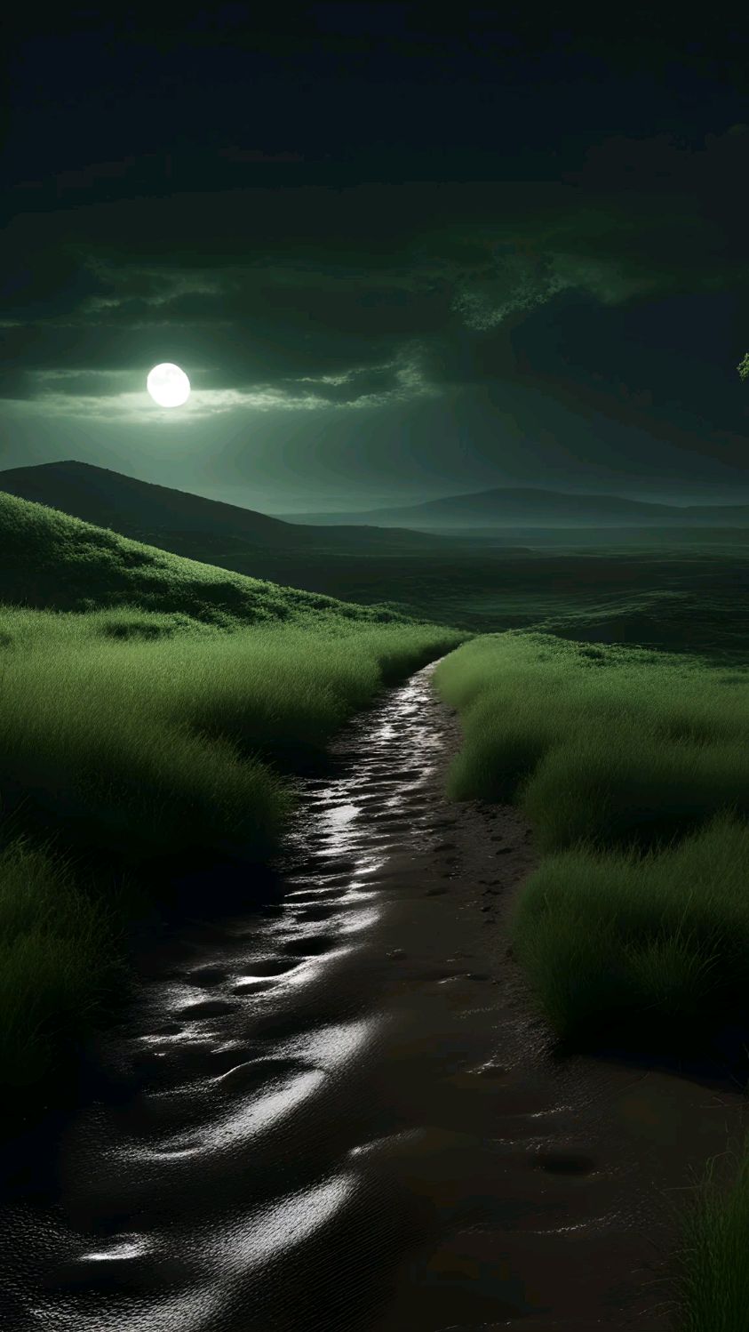 天边山丘静谧无声,月亮如玉盘高挂,照亮近处草原.