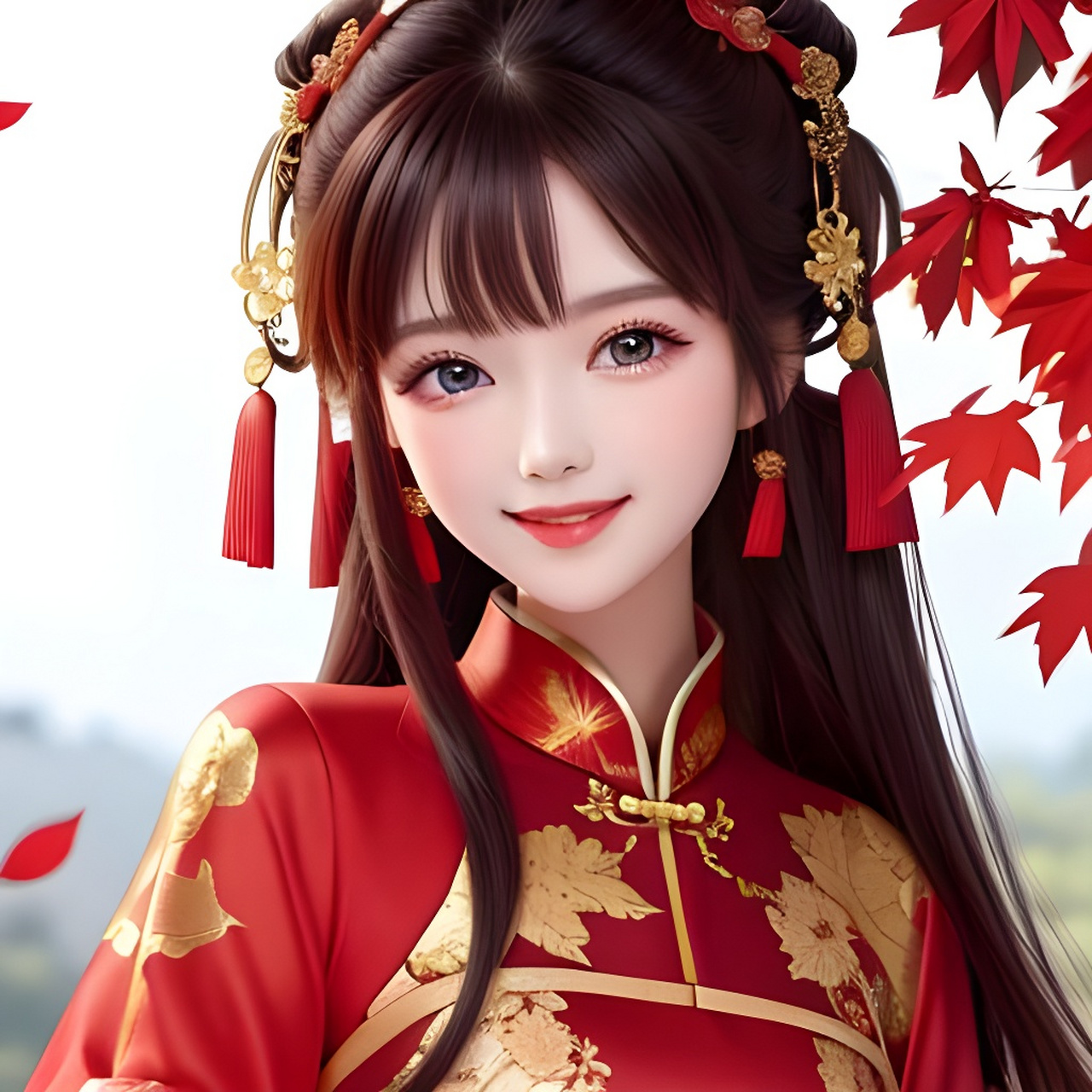 红色系古风图 少女图片