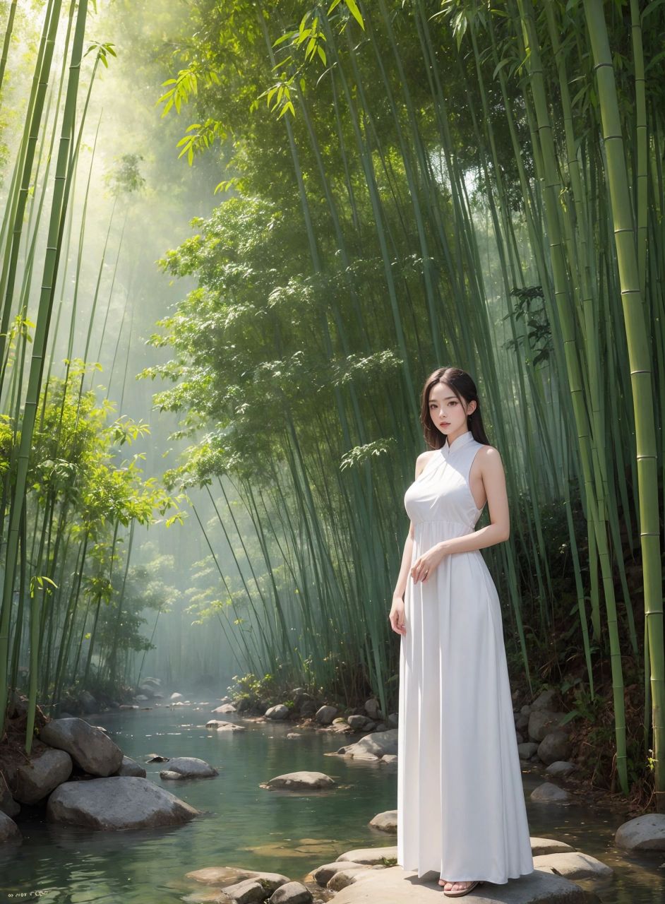 ai绘画——竹林搭配简单白裙1#养眼美女