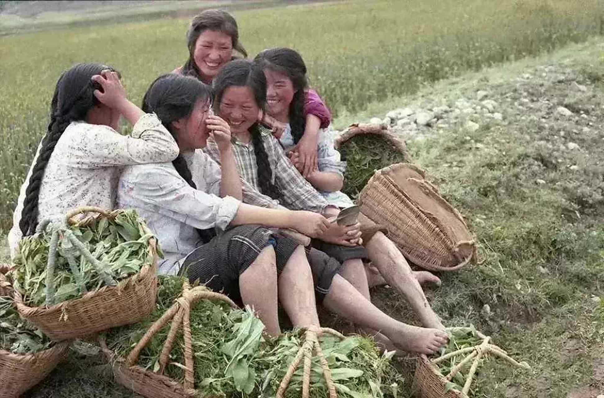上世纪70年代,五个年轻姑娘正坐在田边休息的照片.