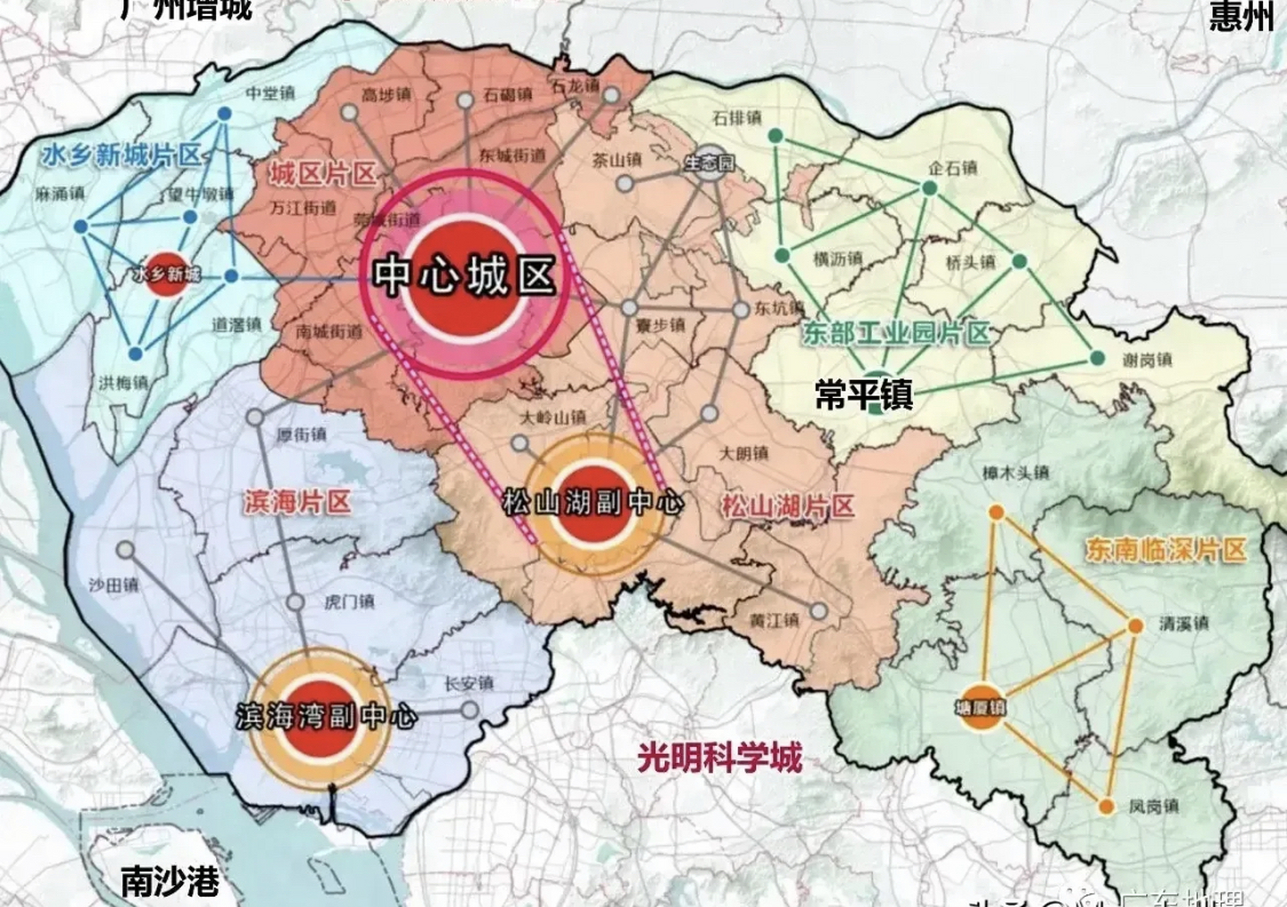 东莞六大片区:城区片区,松山片区,水乡片区,滨海片区,东部片区,临深