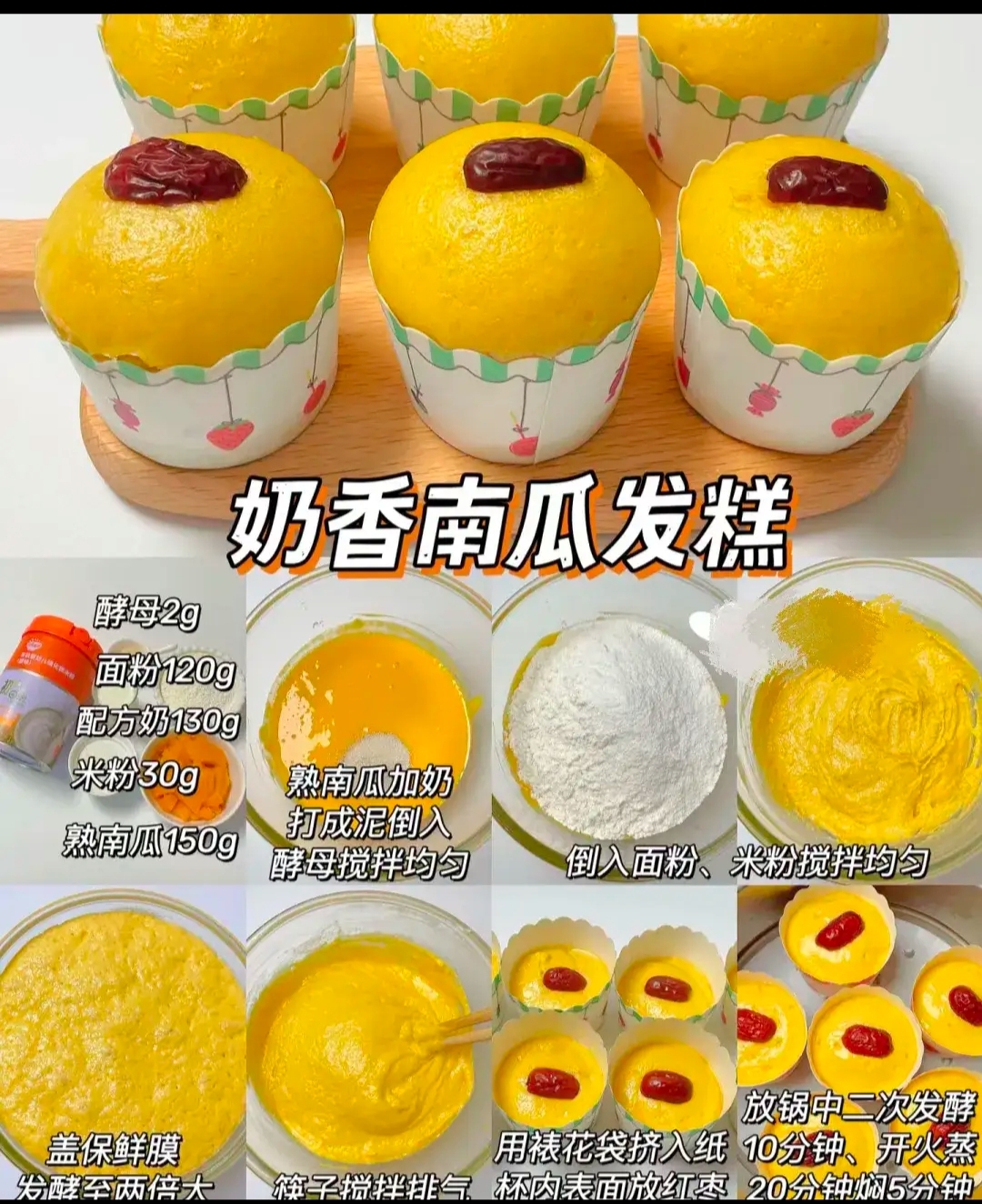 奶香南瓜发糕  食材: 酵母2g,面粉120g,配方奶130g,米粉30g,熟南瓜150