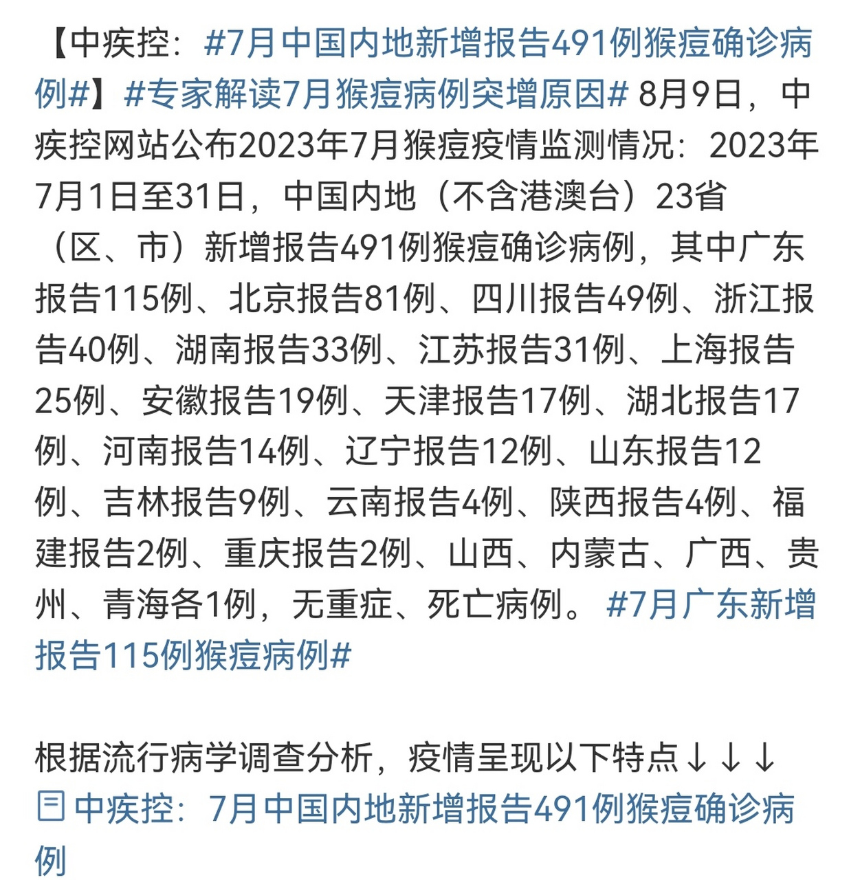 据中疾控通报,在七月份,全国确诊491例猴痘,北京,广东,四川,上海,湖南