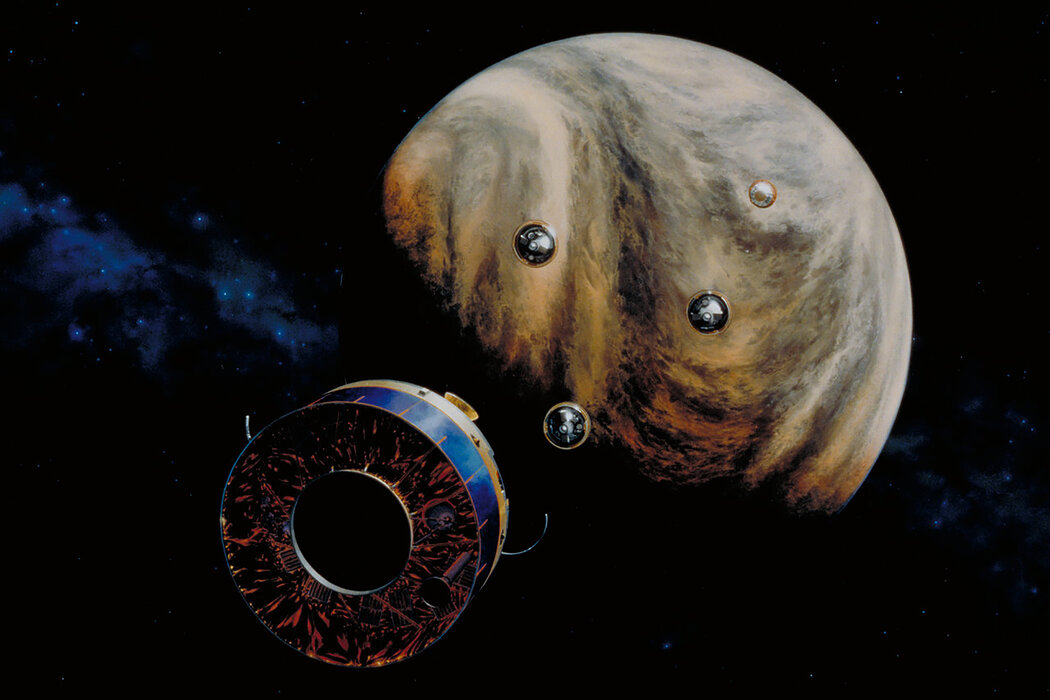 这是NASA“先锋计划”里金星2号探测器和四个大气探测器的艺术效果图,用于1978年的一次任务,目的是更多地了解金星大气层。