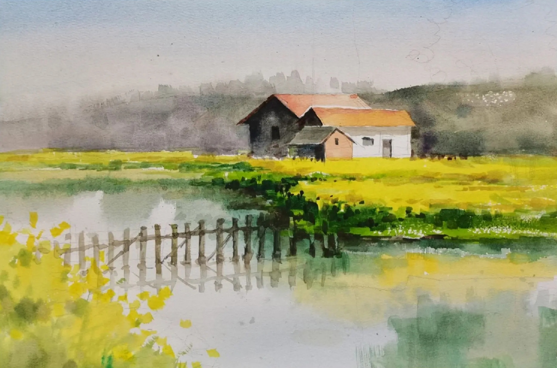 水彩画(油菜花地)详细作画步骤分享,这水彩太好看了,绘画在一定程度上