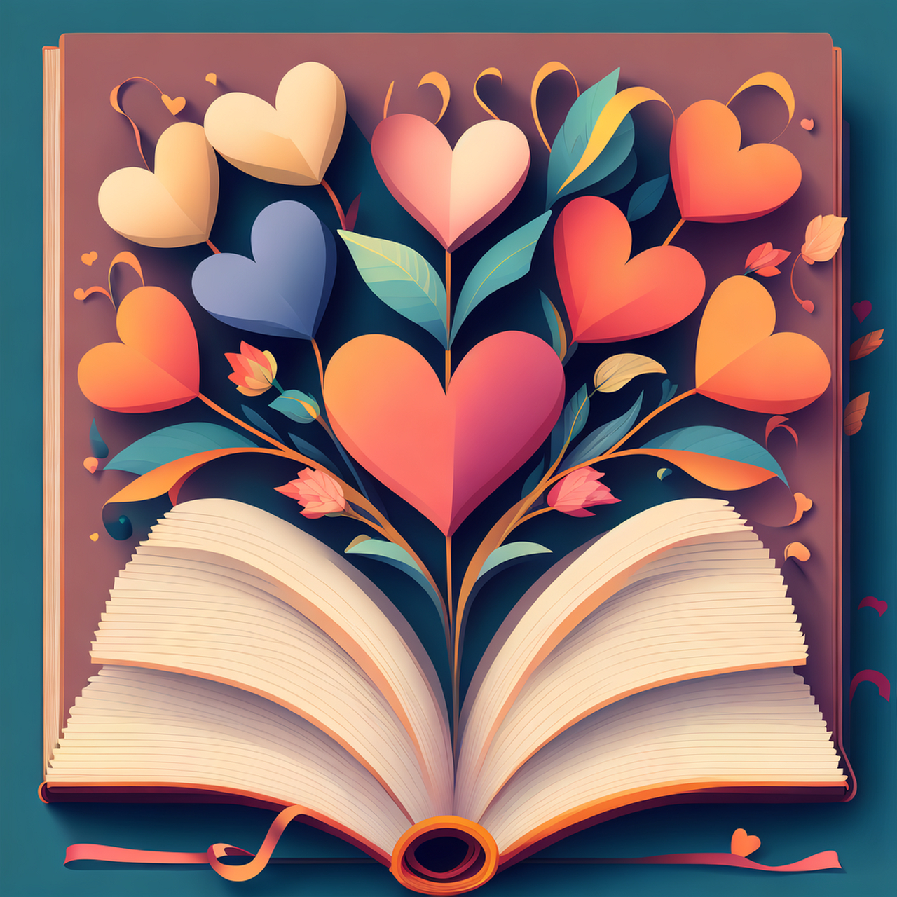 明亮唯美扁平插画,书本,一本书,巨大的花束,彩色丝带缠绕成心的形状