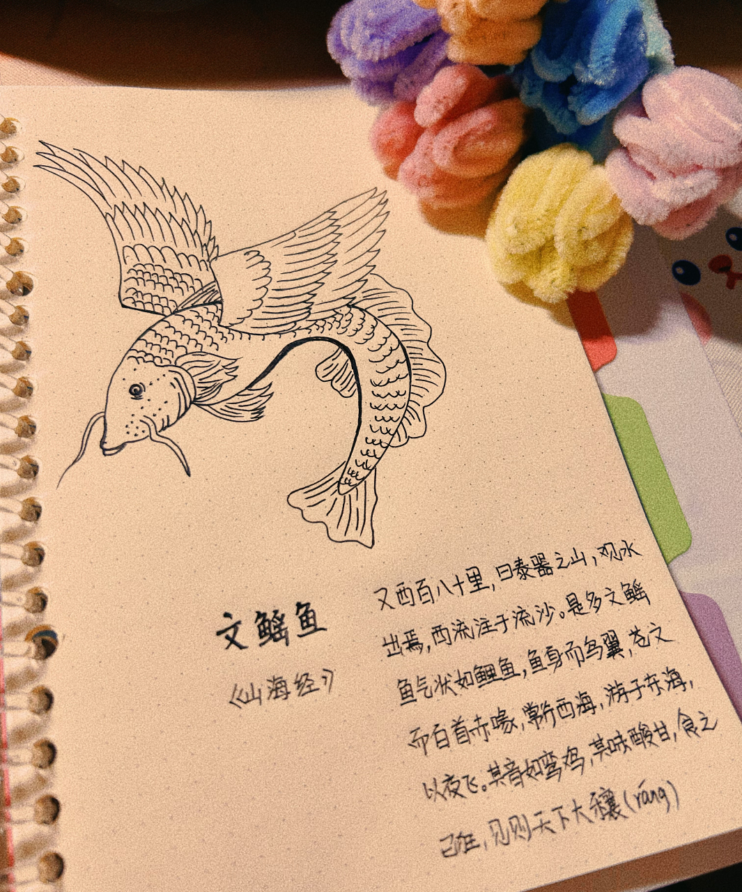 《山海经》中有一种鱼叫文鳐鱼,闲来无事,临摹了一幅文鳐鱼,孩子见后