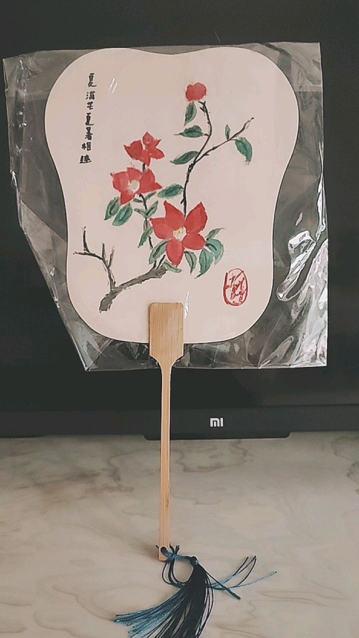 姑娘画的山茶花芭蕉扇