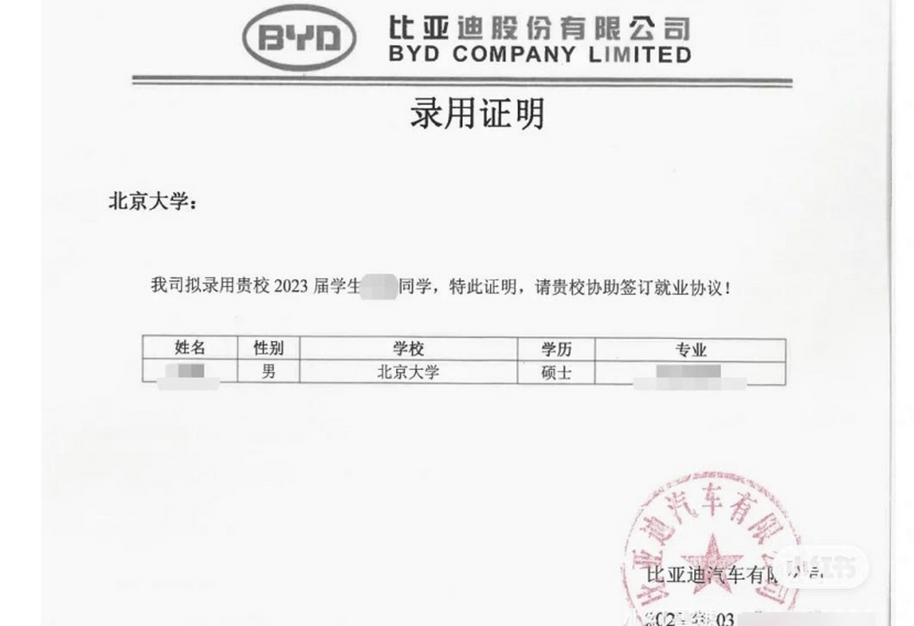 北大应届毕业生晒出了比亚迪的录用offer,传闻年薪达到了40万!