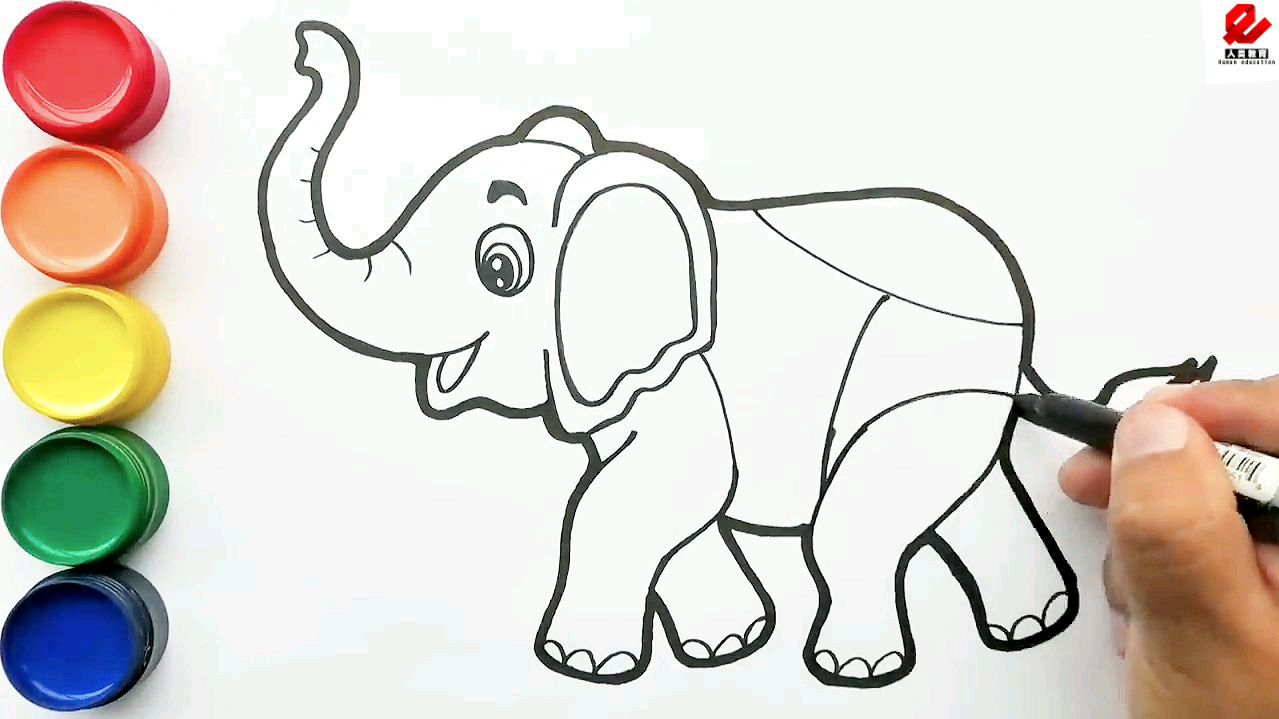 儿童色彩画启蒙教程,大象彩绘简笔画涂色填色,可爱易学