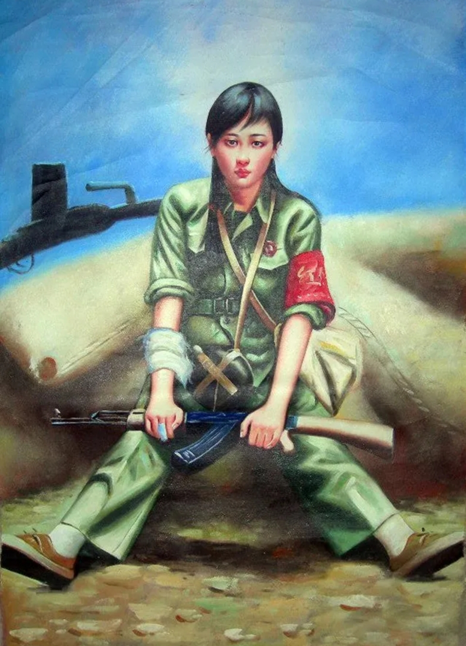 这副画画的是上世纪60年代的的女兵油画.