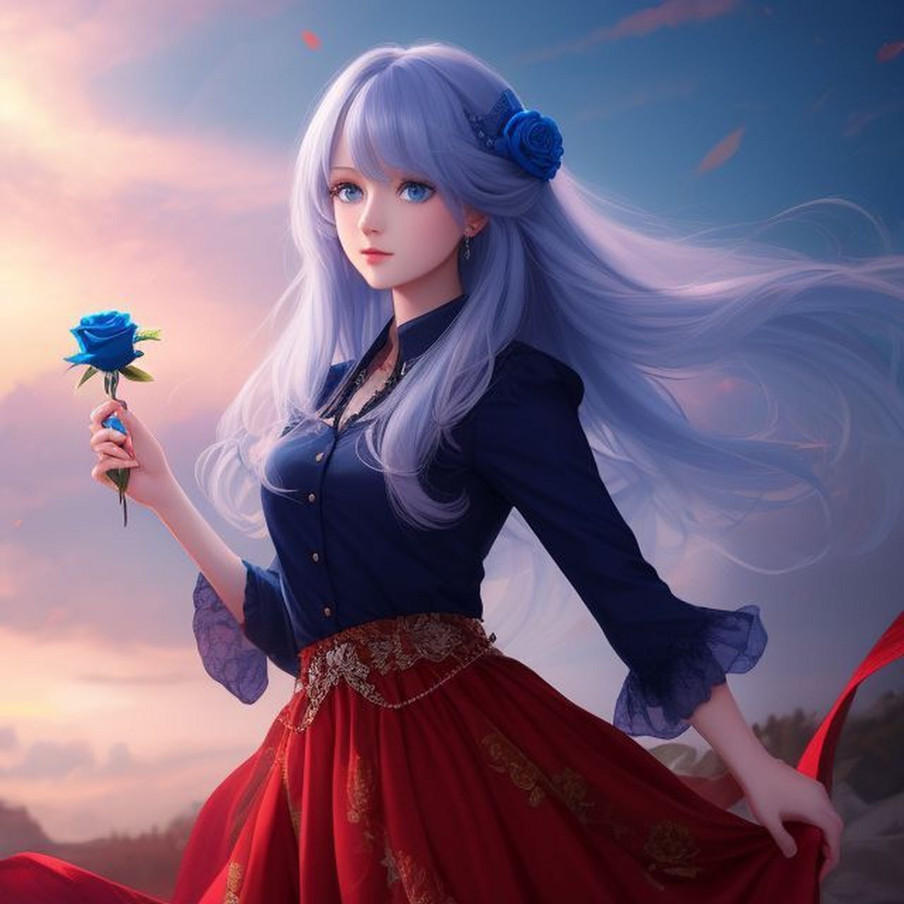 蓝色妖姬美少女,红蓝玫瑰月季花 #ai艺术季# #ai绘画# #百度ai绘图黑