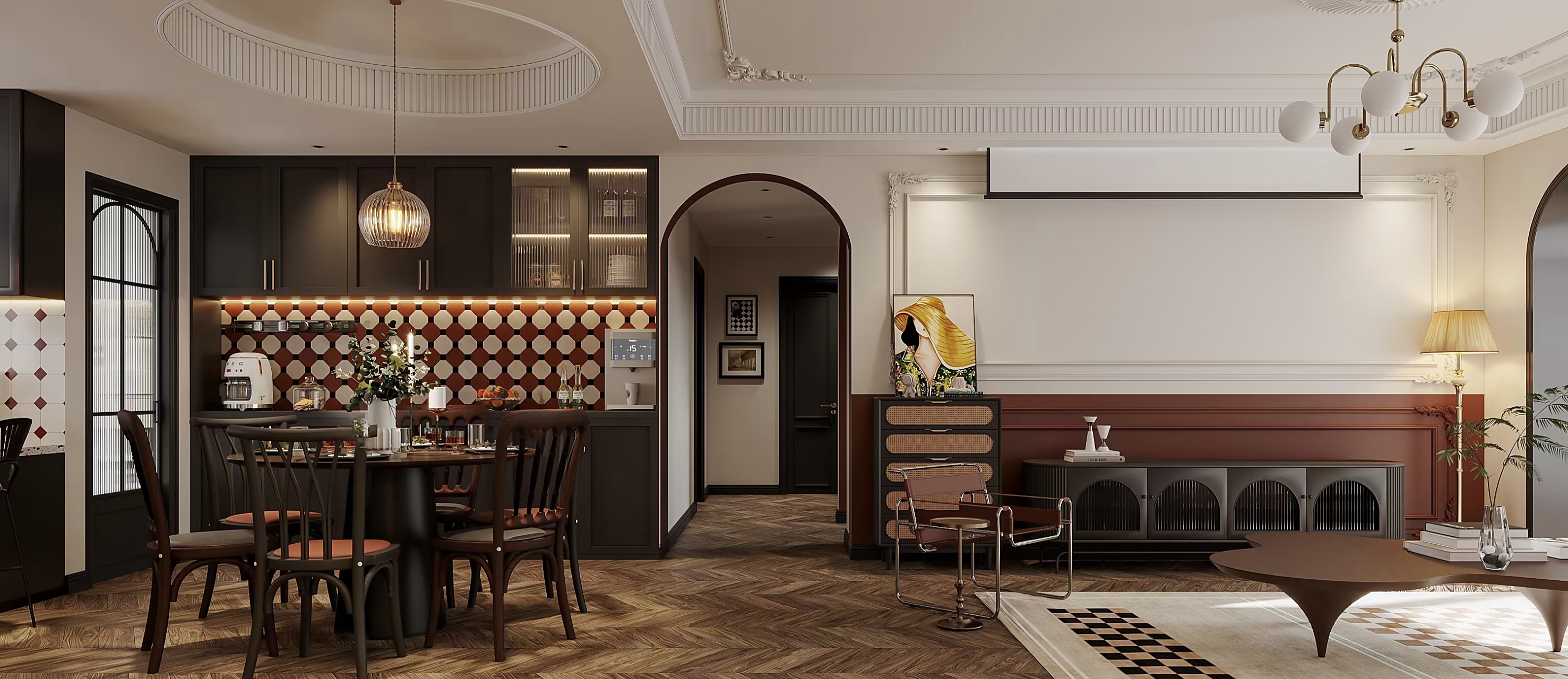 一,复古风格颜色不能太艳,整体色调选择黑胡桃木,咖色,棕色或者黑色.