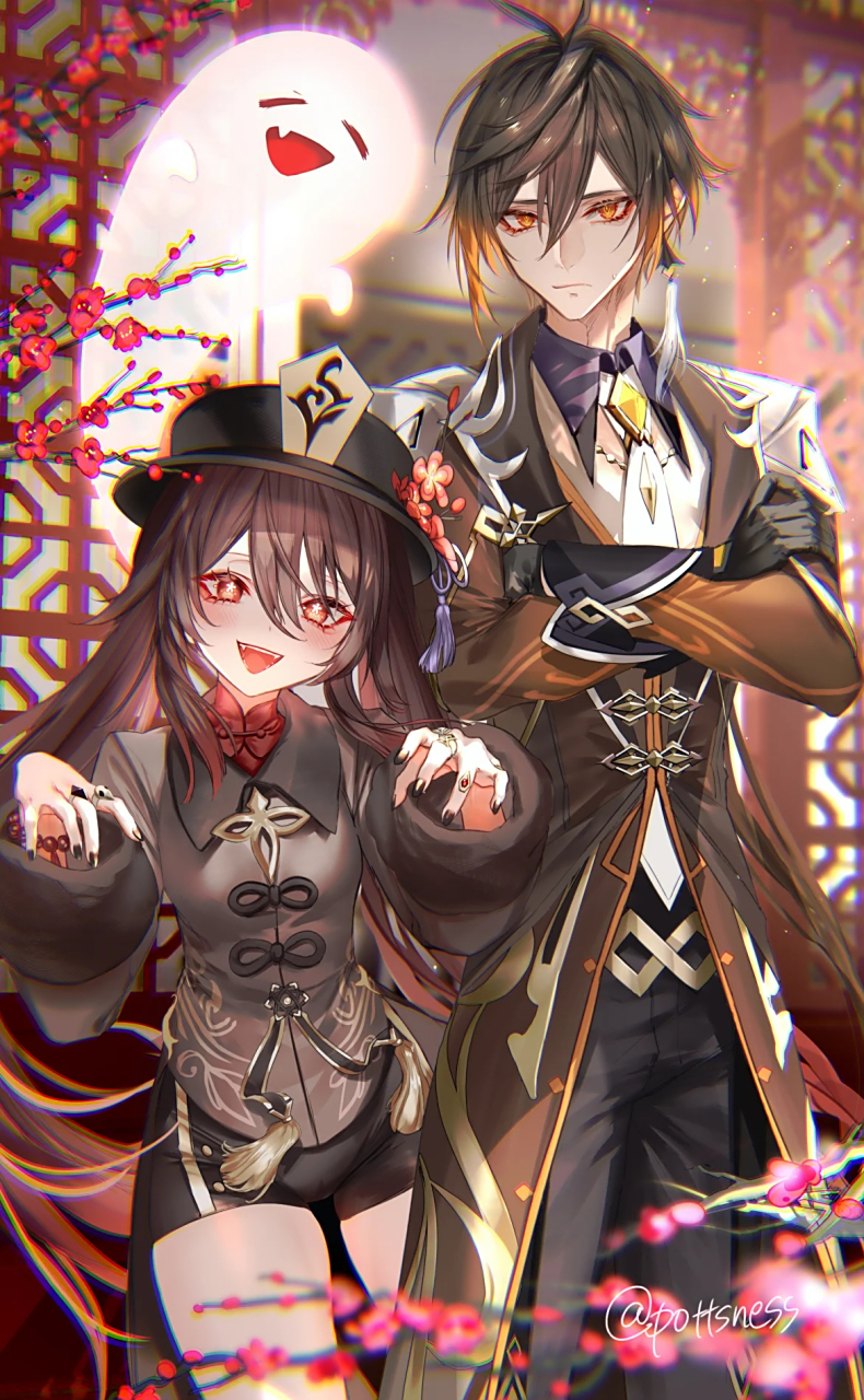 胡桃与钟离蛮配的哦! p站画师:pottsness  pixiv图id:93936925