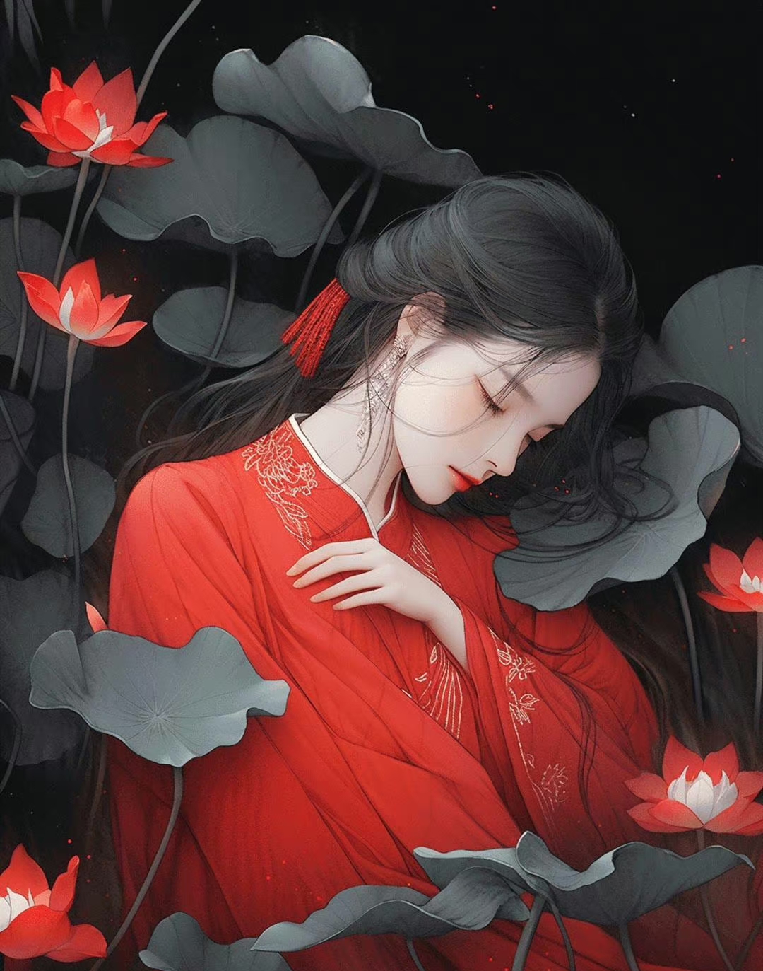 古风红衣莲花仙子头像~ 生活本不苦,苦的是我们欲望过多;人心本无累