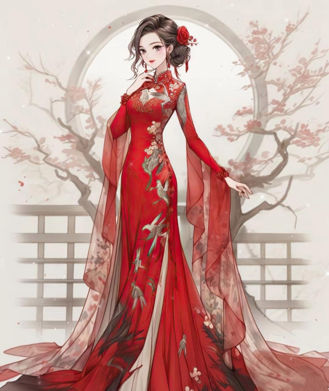 一组ai生成的国风旗袍人物绘画,展现了角色的秀美与服饰的雍容华丽.