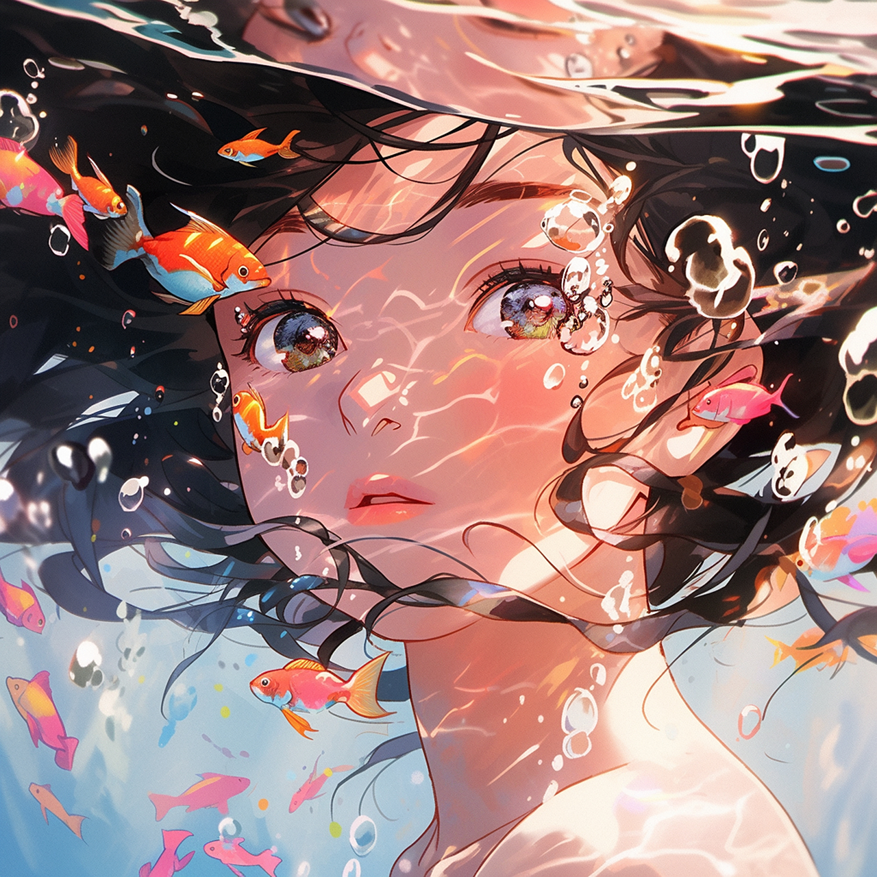 ai绘画|水下女生 气泡,光线,小鱼,飘动,每一张都可以作为壁纸～#ai