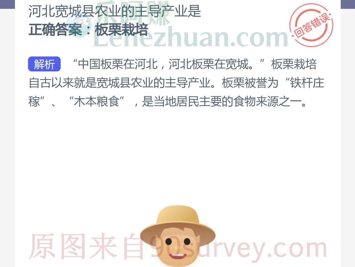 河北宽城县农业的主导产业是？正确答案：板栗栽培