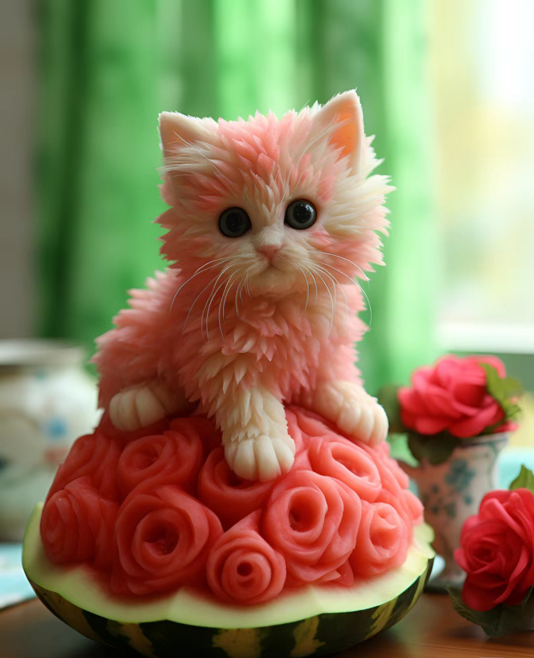 栩栩如生,创意感也很足,据悉要雕上这样一件西瓜艺术品至少需要八小时