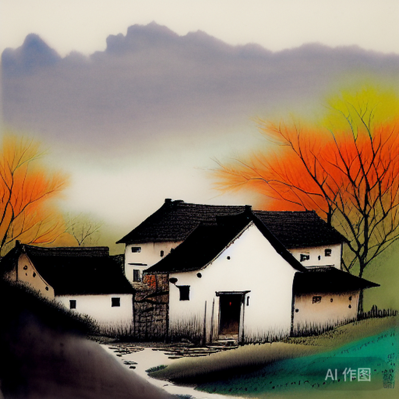 帮我画一个农村的老房子,要求国画风格,占地只有几百个平方,前面左侧