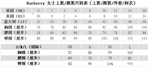 巴宝莉175尺码对照表图片